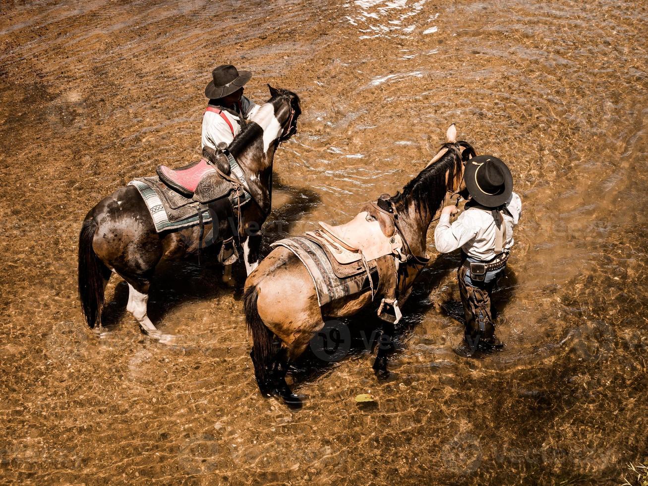 vecchi e giovani cowboy riposano con i loro cavalli nel ruscello dopo aver finito di fare il bagno foto