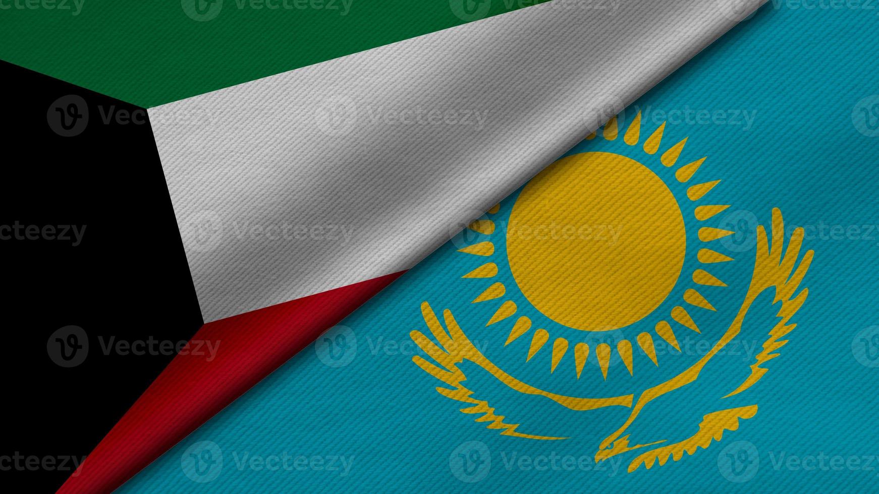 Rendering 3d di due bandiere dello stato del kuwait e della repubblica del kazakistan insieme a trama del tessuto, relazioni bilaterali, pace e conflitto tra paesi, ottimo per lo sfondo foto