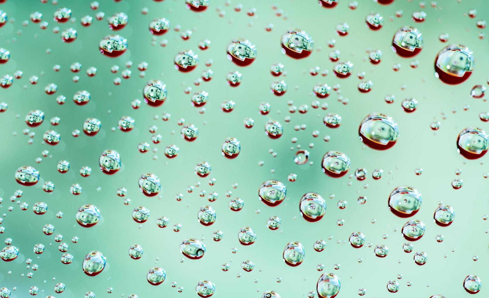 macro shot riflesso di dettaglio di dollari di banconote in gocce d'acqua. sfondo di gocce d'acqua verde foto