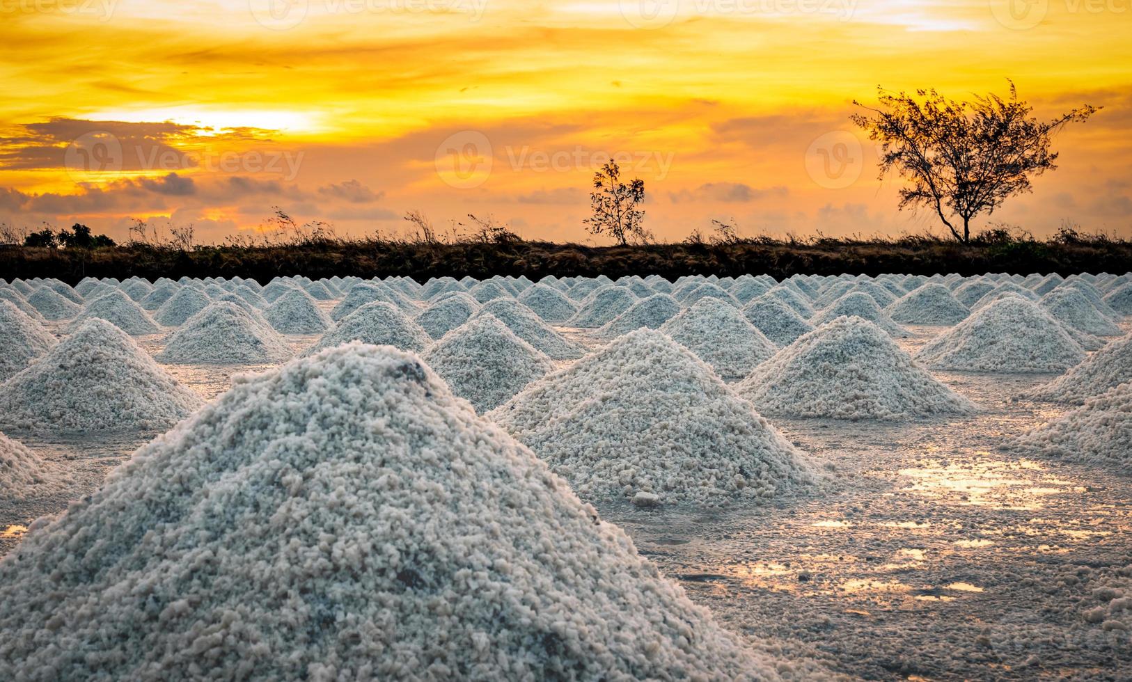 fattoria del sale al mattino con il cielo all'alba. sale marino biologico. evaporazione e cristallizzazione dell'acqua di mare. materia prima di sale industriale. cloruro di sodio. sistema di evaporazione solare. sale di iodio. foto