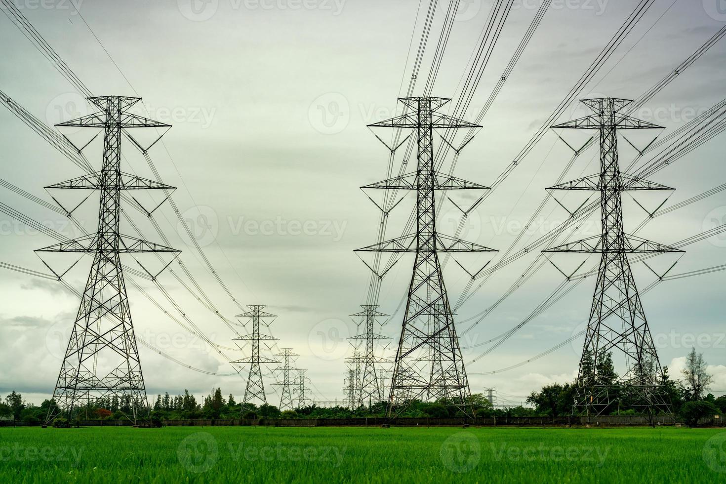 pilone elettrico ad alta tensione e filo elettrico al campo di riso verde e alla foresta di alberi. traliccio elettrico con cielo coperto. torre di griglia ad alta tensione con cavo metallico. concetto di potenza ed energia. paesaggio. foto