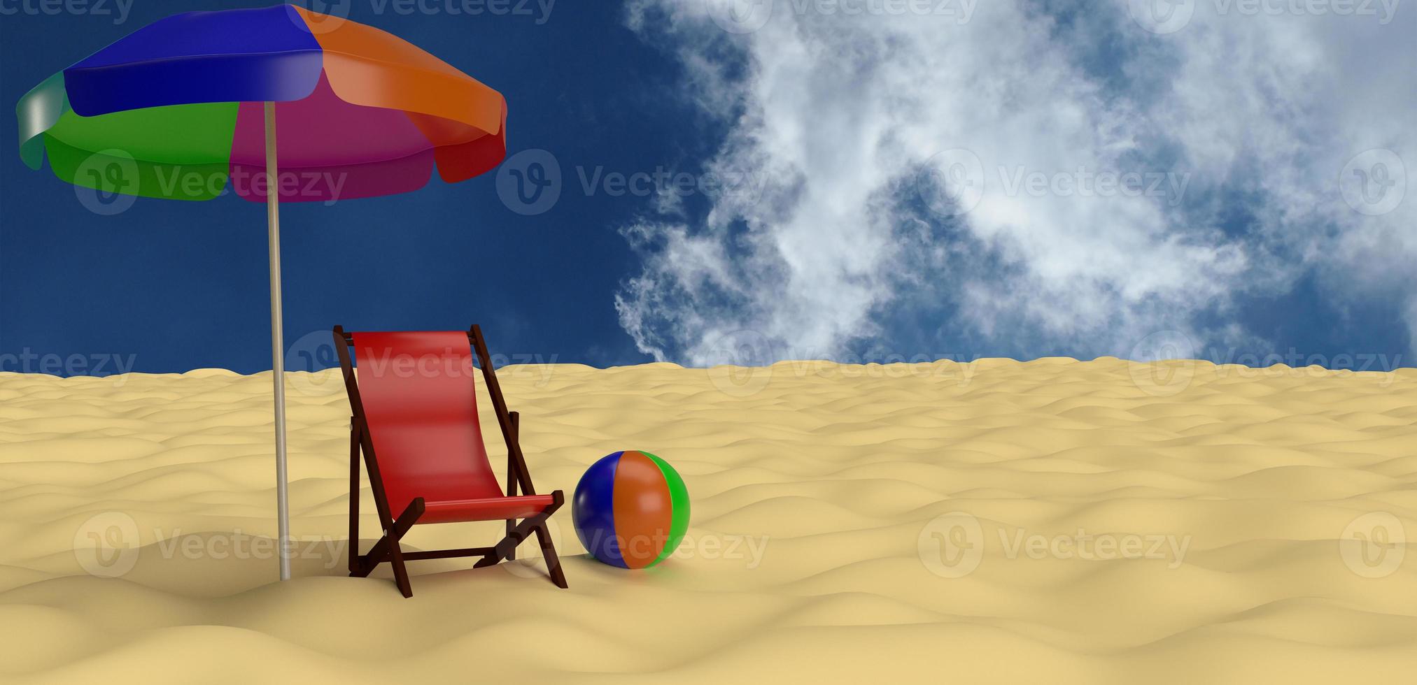 sedia a sdraio ombrellone palla colorato arcobaleno sulla spiaggia isola sabbia cielo blu nuvoloso viaggio viaggio turismo vista mare paradiso luce del sole felice vacanza relax vacanza romantico beautiful.3d rendering foto