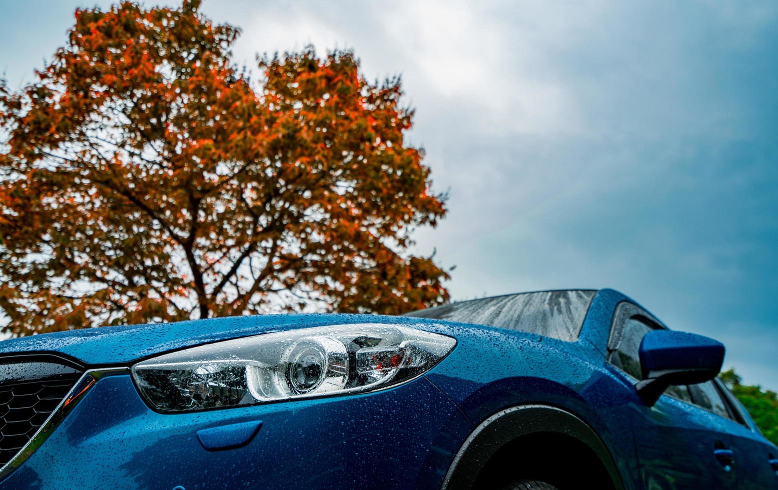 auto suv compatta blu con design sportivo e moderno parcheggiata vicino a un albero a foglie decidue rosse con cielo blu e nuvole. tecnologia rispettosa dell'ambiente. successo aziendale e concetto di viaggio. foto