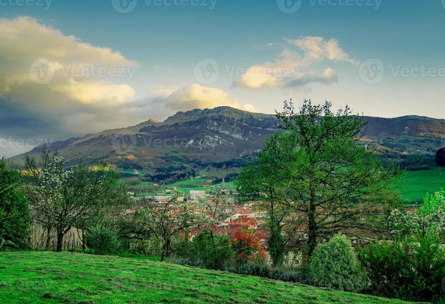 bella vista dalla cima della collina. villaggio in valle. albero all'inizio della primavera con cielo azzurro e nuvole bianche. il sole sulle montagne rocciose. stagione primaverile in europa. paesaggio del campo di erba verde sulla collina. foto