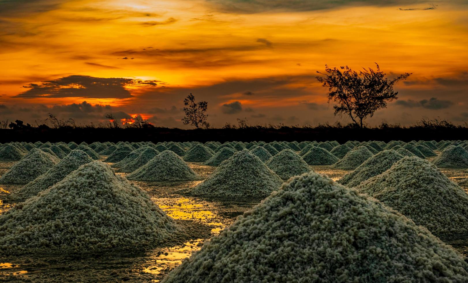 fattoria del sale al mattino con il cielo all'alba. sale marino biologico. evaporazione e cristallizzazione dell'acqua di mare. materia prima di sale industriale. cloruro di sodio. sistema di evaporazione solare. sale di iodio. foto