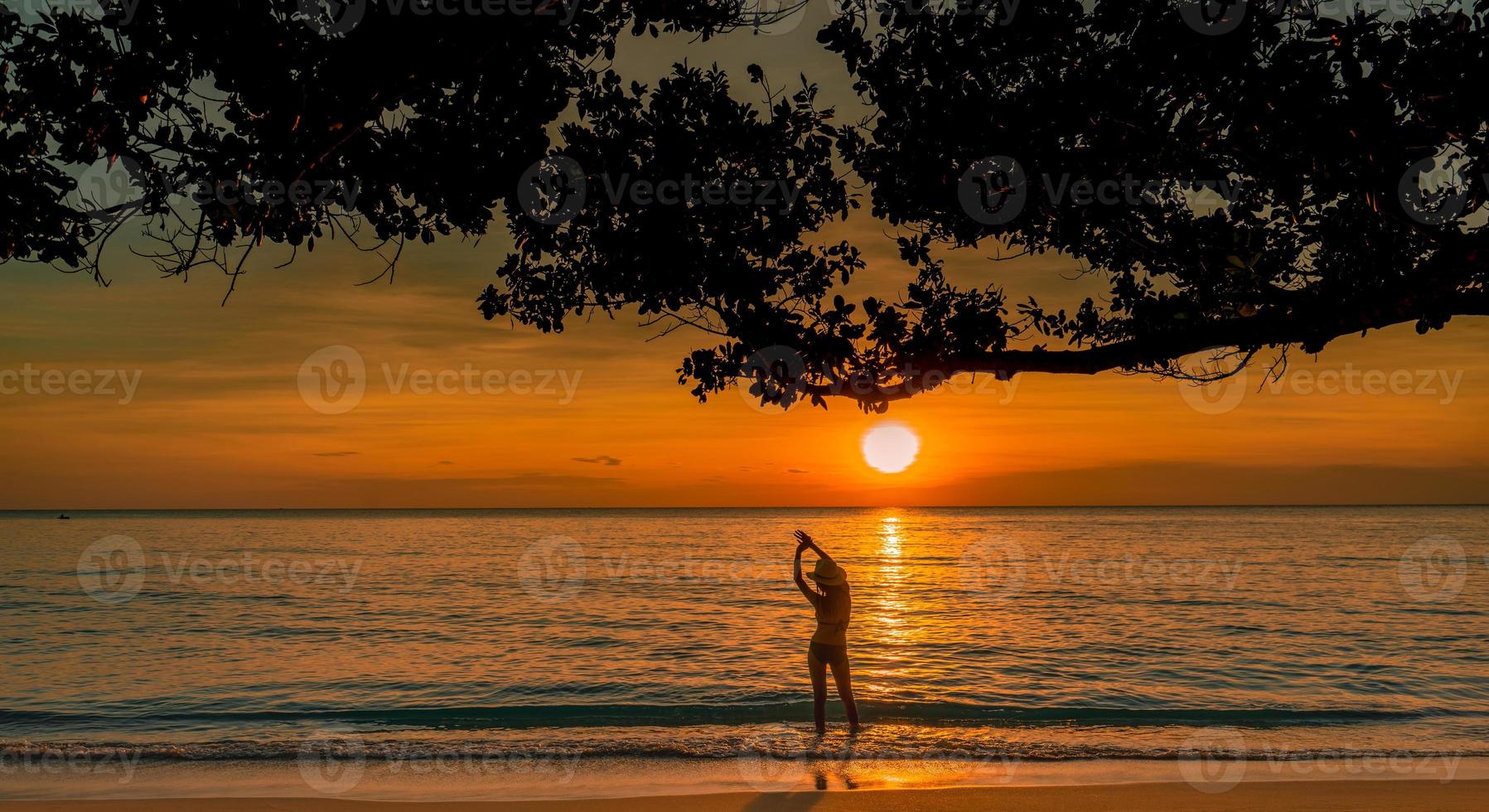 vista posteriore della siluetta della donna sexy che guarda il bel tramonto sulla spiaggia del paradiso tropicale. ragazza felice indossare bikini e cappello di paglia rilassanti vacanze estive. viaggio di vacanza. vibrazioni estive. vita pacifica. foto