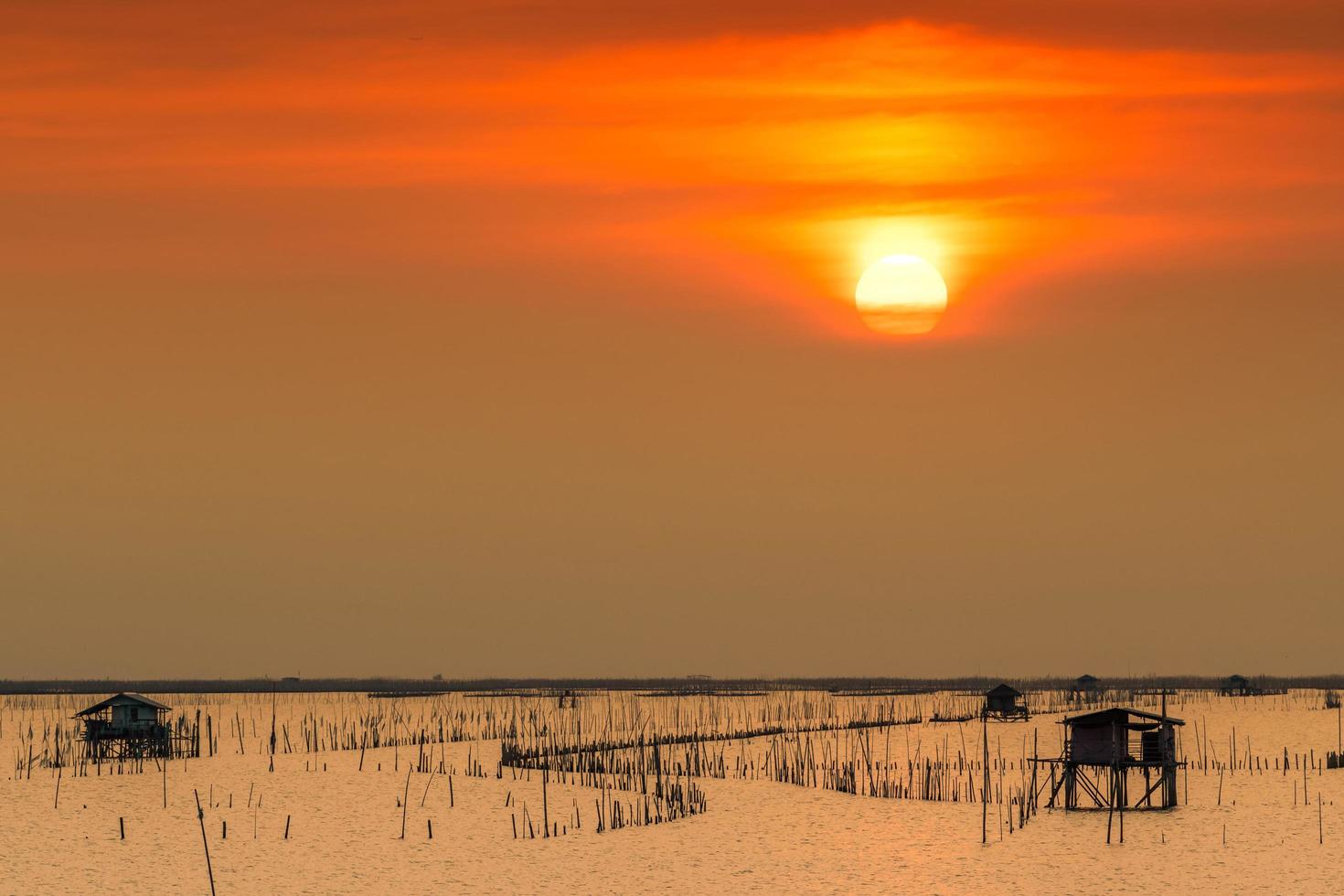 bel sole d'estate. cielo al tramonto sul mare, capanna del pescatore e foresta di mangrovie la sera. canna di bambù alla costa. ricamo in bambù per rallentare l'onda per prevenire l'erosione costiera. foto