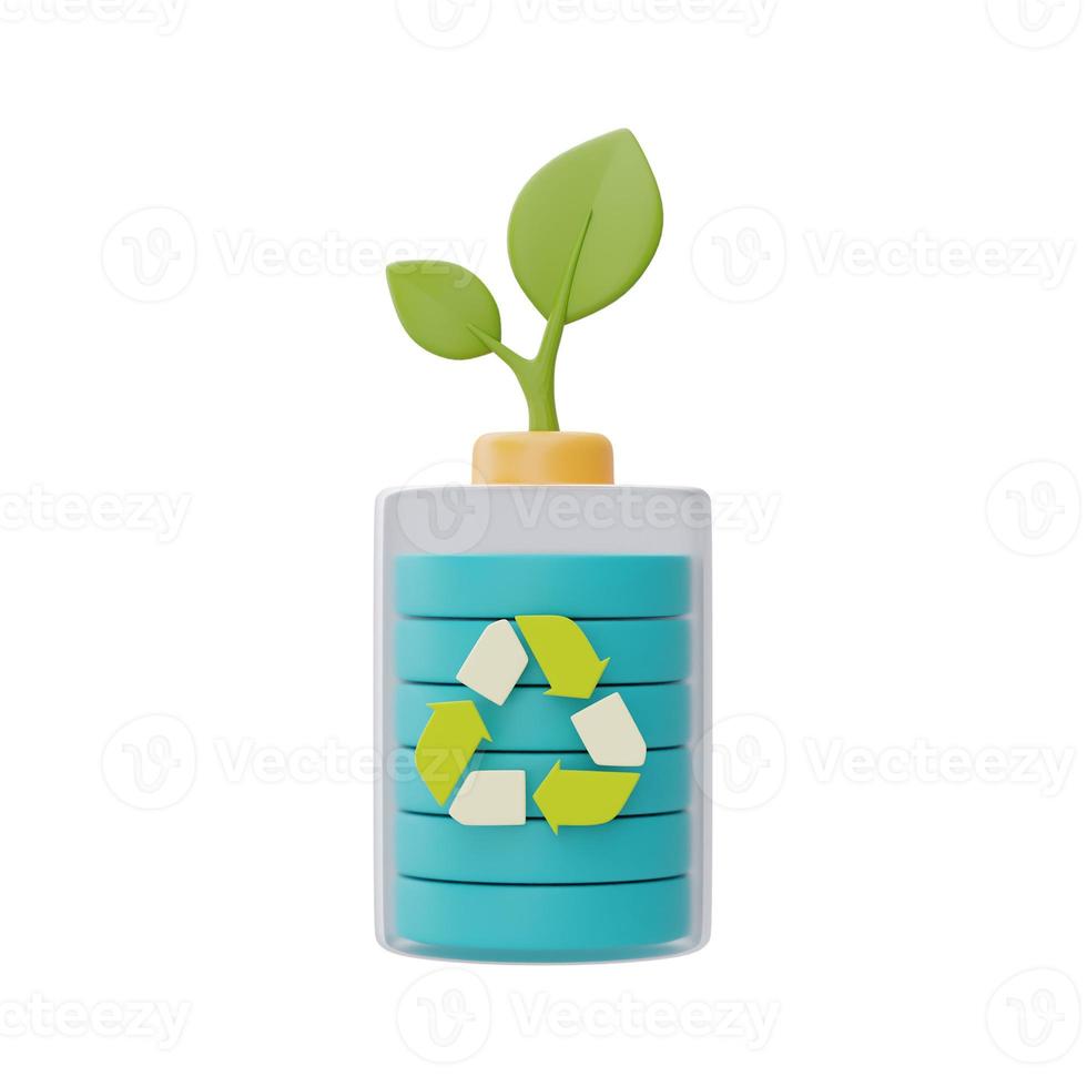 icona di carica della batteria ed ecologia con foglia verde, risparmio energetico intelligente, felice giornata della terra, giornata mondiale dell'ambiente, eco friendly, rendering 3d. foto