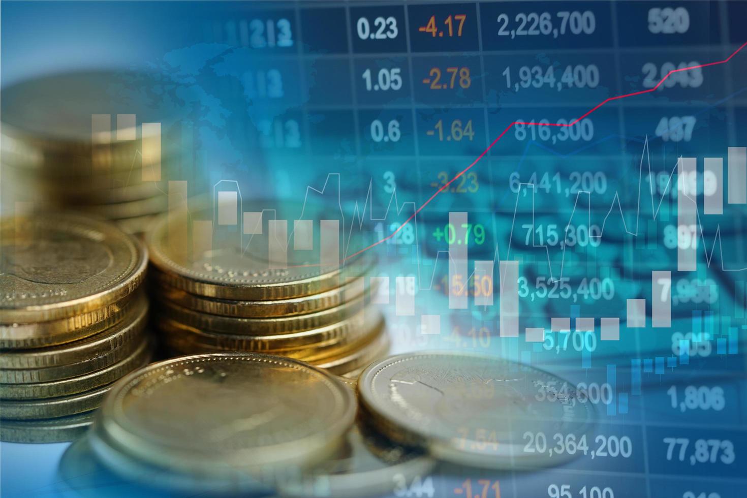 trading di investimenti nel mercato azionario finanziario, grafico di monete e grafico o forex per analizzare lo sfondo dei dati di tendenza aziendale di finanza di profitto. foto