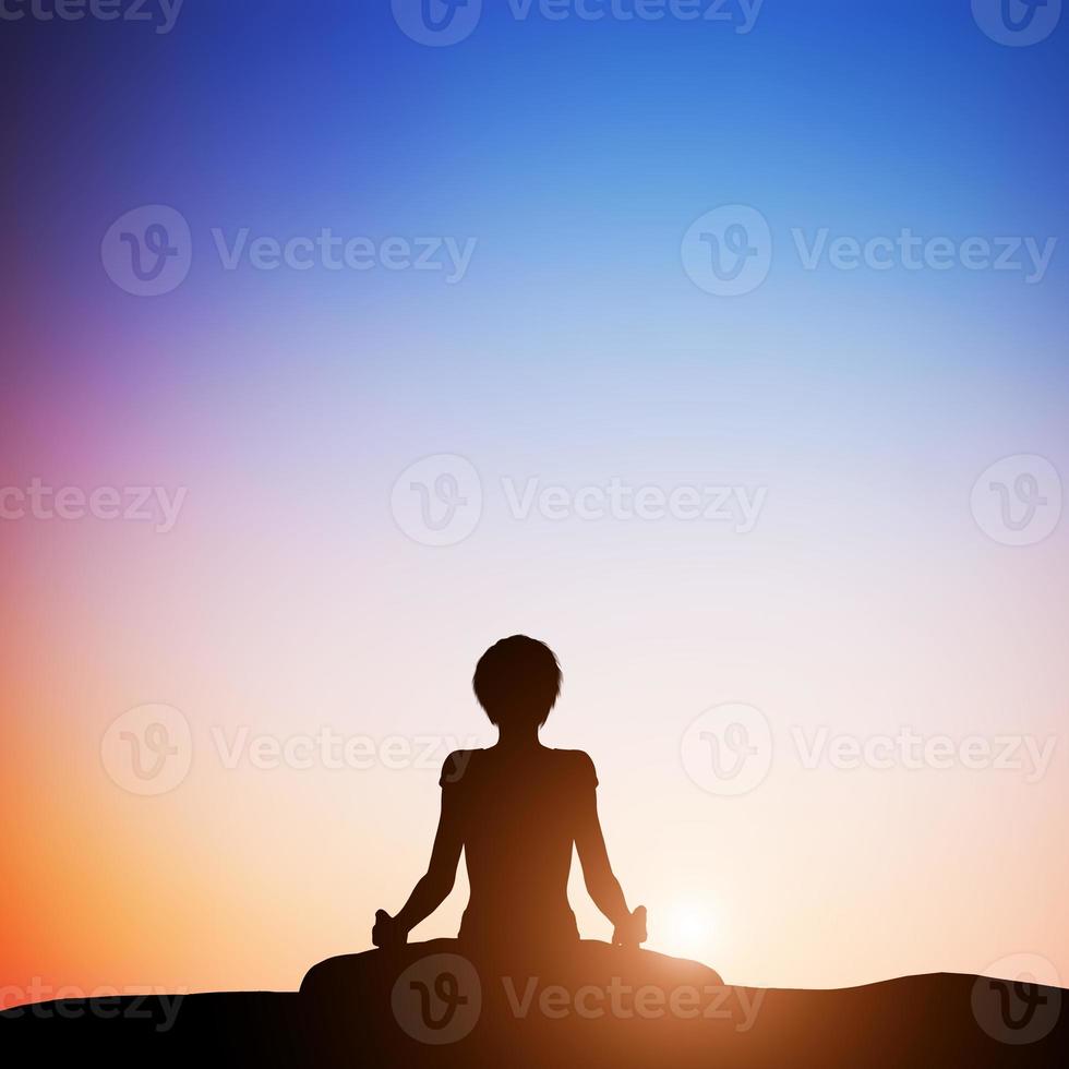 donna 3d nella posa di yoga del loto che medita al tramonto zen foto