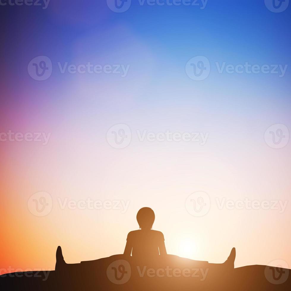 donna 3d nella posa di yoga della curvatura grandangolare meditando al tramonto. zen foto