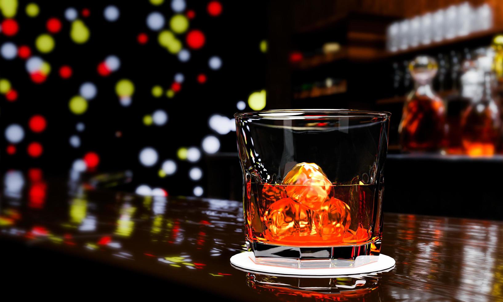 whisky o brandy, bevande alcoliche in elegante bicchiere trasparente. alcol in vetro trasparente su tavolo con pavimento in legno. più bottiglie di vino sfocano lo sfondo sul bancone bar ristorante rendering 3d foto