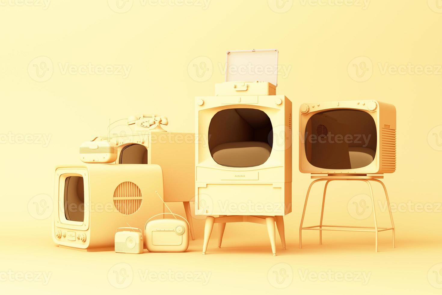 vecchi televisori e lettore radio vintage su sfondo pastello. rendering 3D foto