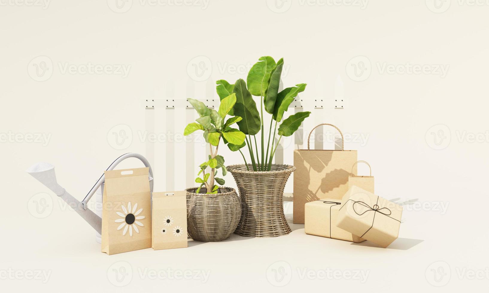 attrezzi da giardinaggio e vaso per fiori con annaffiatoio con confezione di semi, scatola di cartone, borsa per la spesa. negozio di giardinaggio online su sfondo bianco. illustrazione di rendering 3d realistica foto