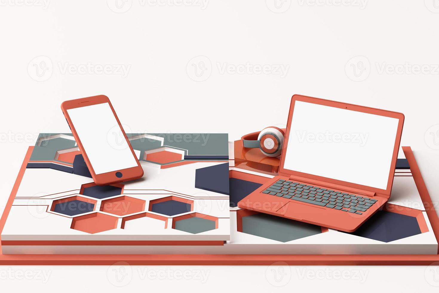 laptop, smartphone e cuffie con il concetto di tecnologia composizione astratta di piattaforme di forme geometriche in colore pastello. rendering 3D foto