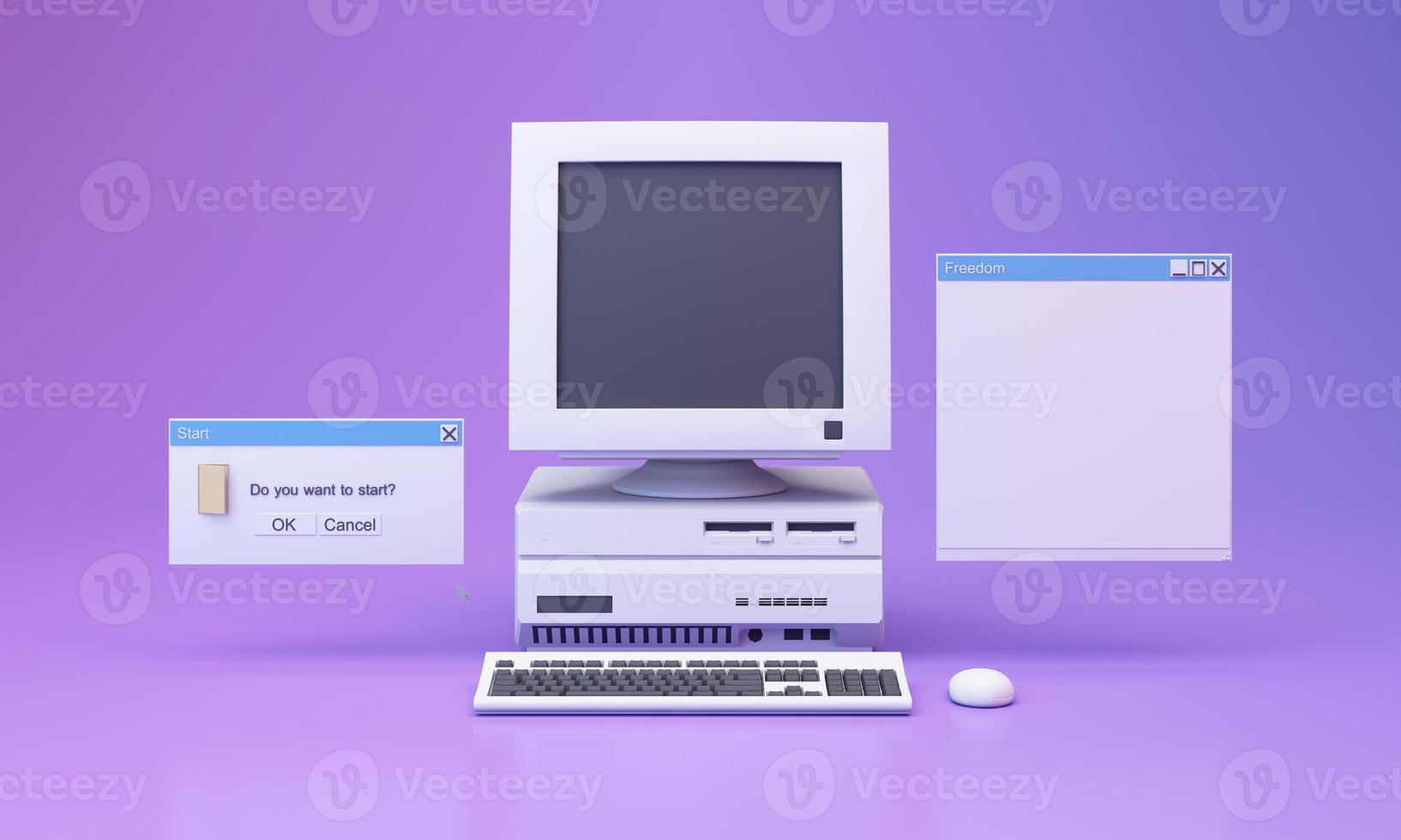 sfondo estetico astratto con finestre di messaggi di sistema in stile anni '90, vecchio computer vintage, mouse, tastiera, finestra di messaggi di sistema di icone pop-up su gradiente rosa e viola in stile y2k realistico rendering 3d foto