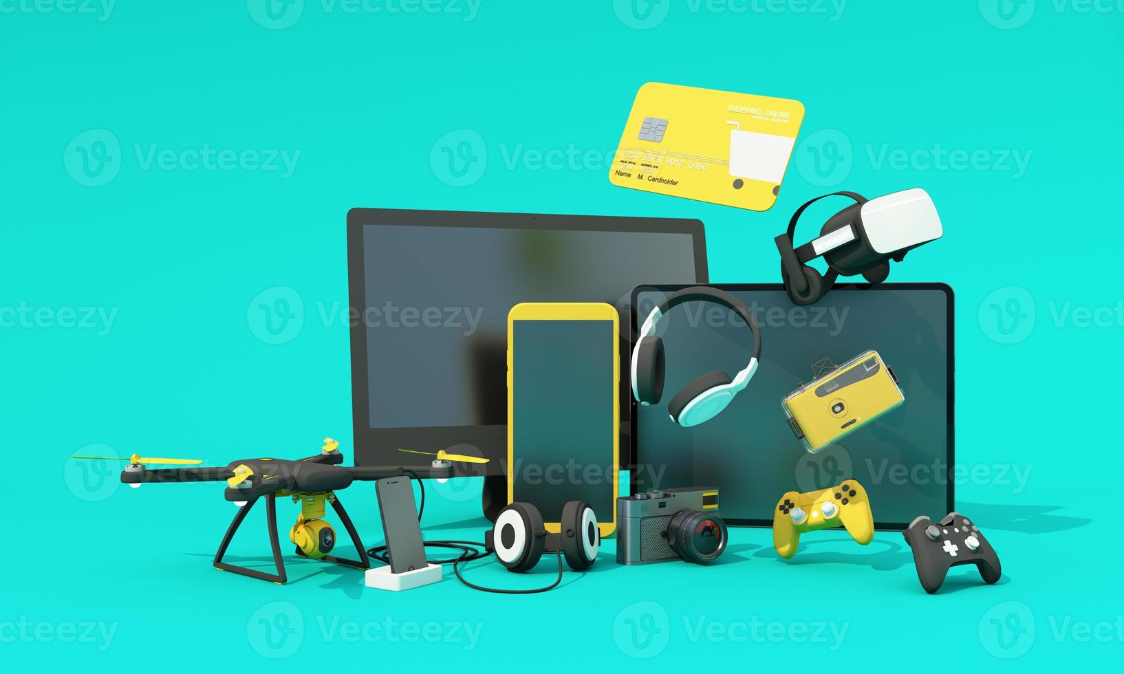 concetto di acquisto online di elettronica e gadget nel moderno periodo di promozione di nuovi modelli costituiti da telefono, vr, cuffie, con drone e carta di credito su sfondo verde. rendering 3d realistico foto