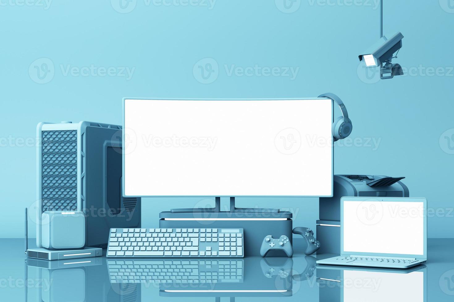 computer e schermo bianco loptop con tanti gadget su tavola in tono pastello. rendering 3D foto