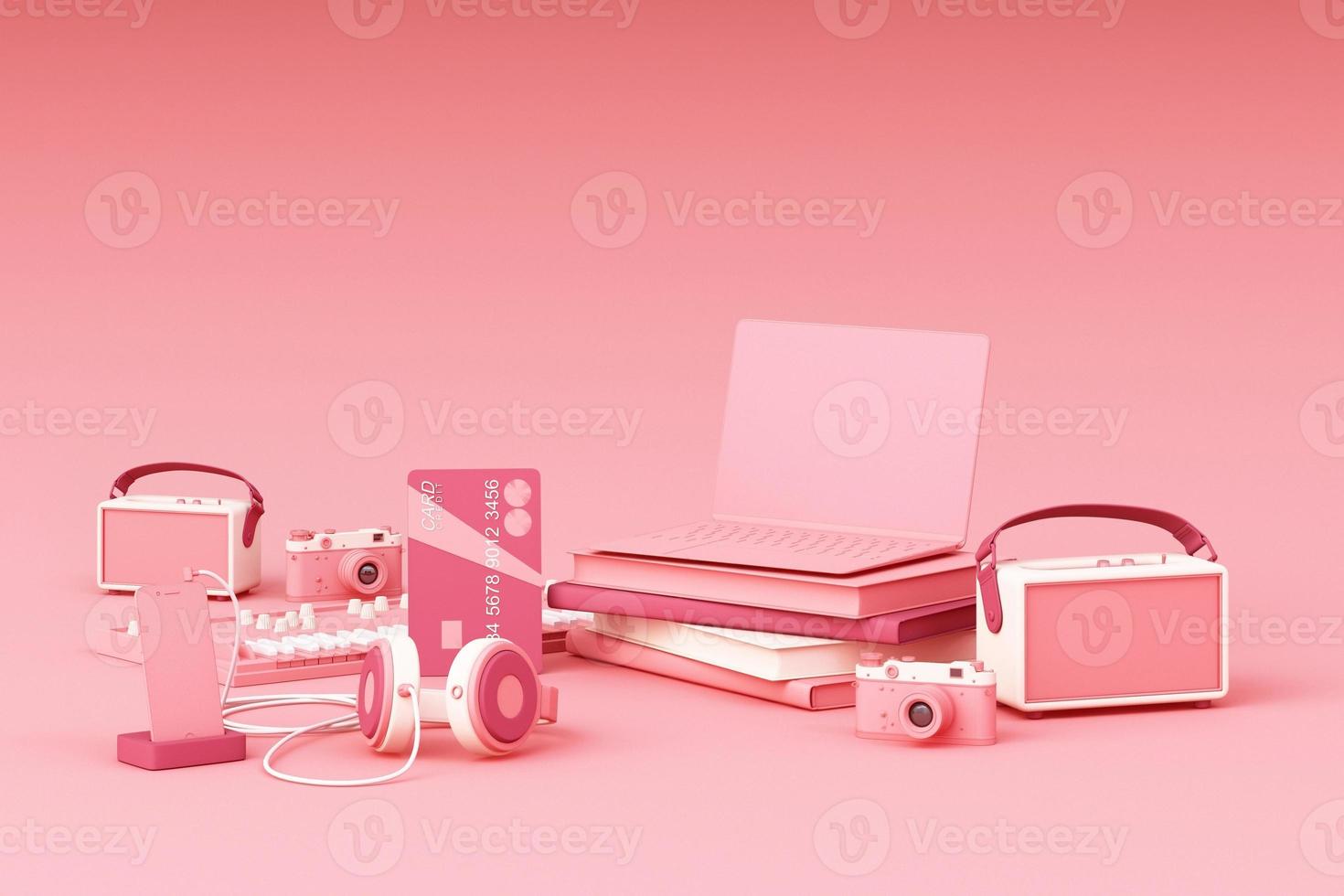 laptop circondato da gadget colorati su sfondo pastello. rendering 3D foto