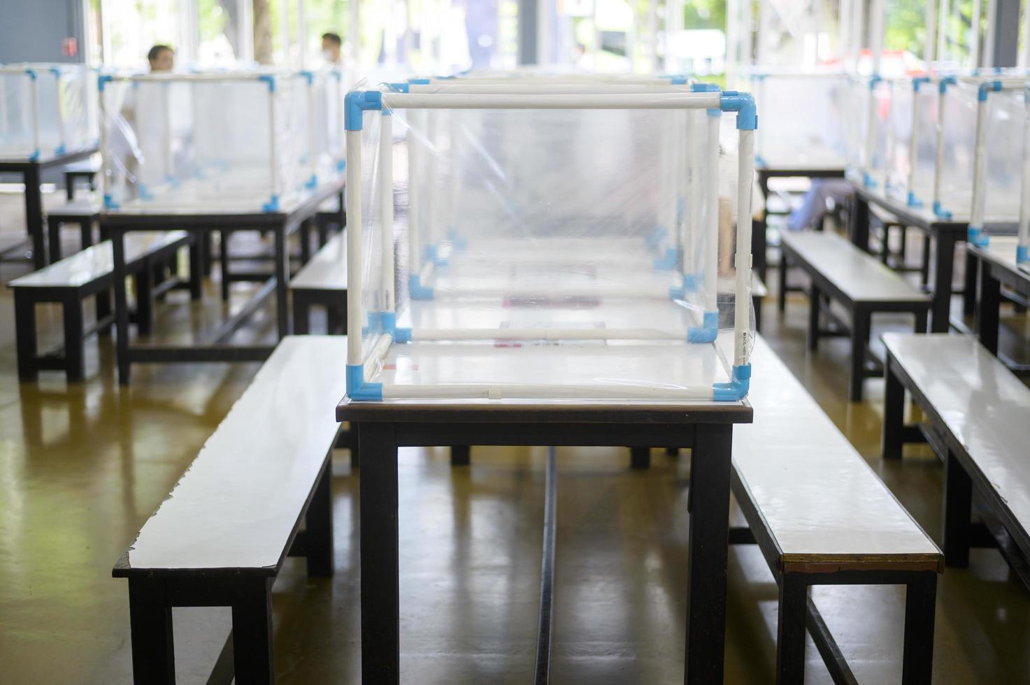 divisorio in plastica trasparente su tavolo vuoto nella food court per la protezione covid-19, nuovo concetto di distanziamento sociale normale. foto