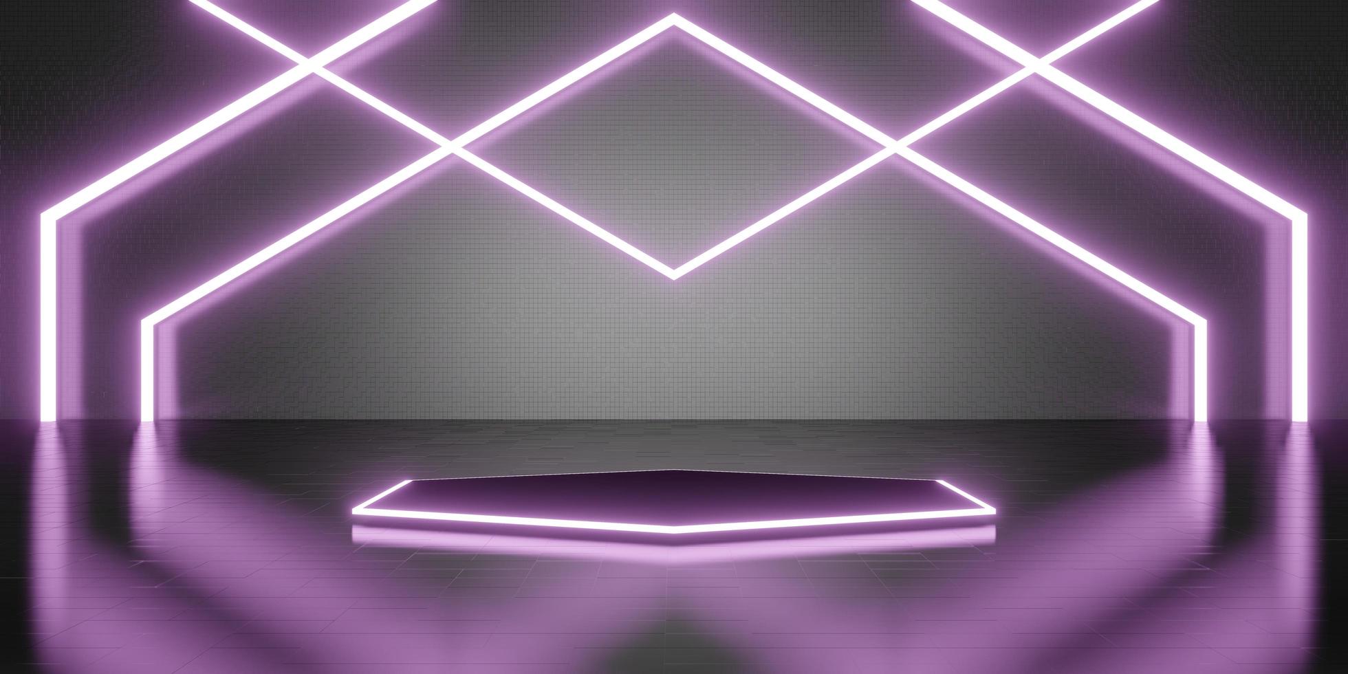 illustrazione 3d del pavimento e della parete di stile della tecnologia della luce al neon del fondo della stanza della luce del laser di esagono foto