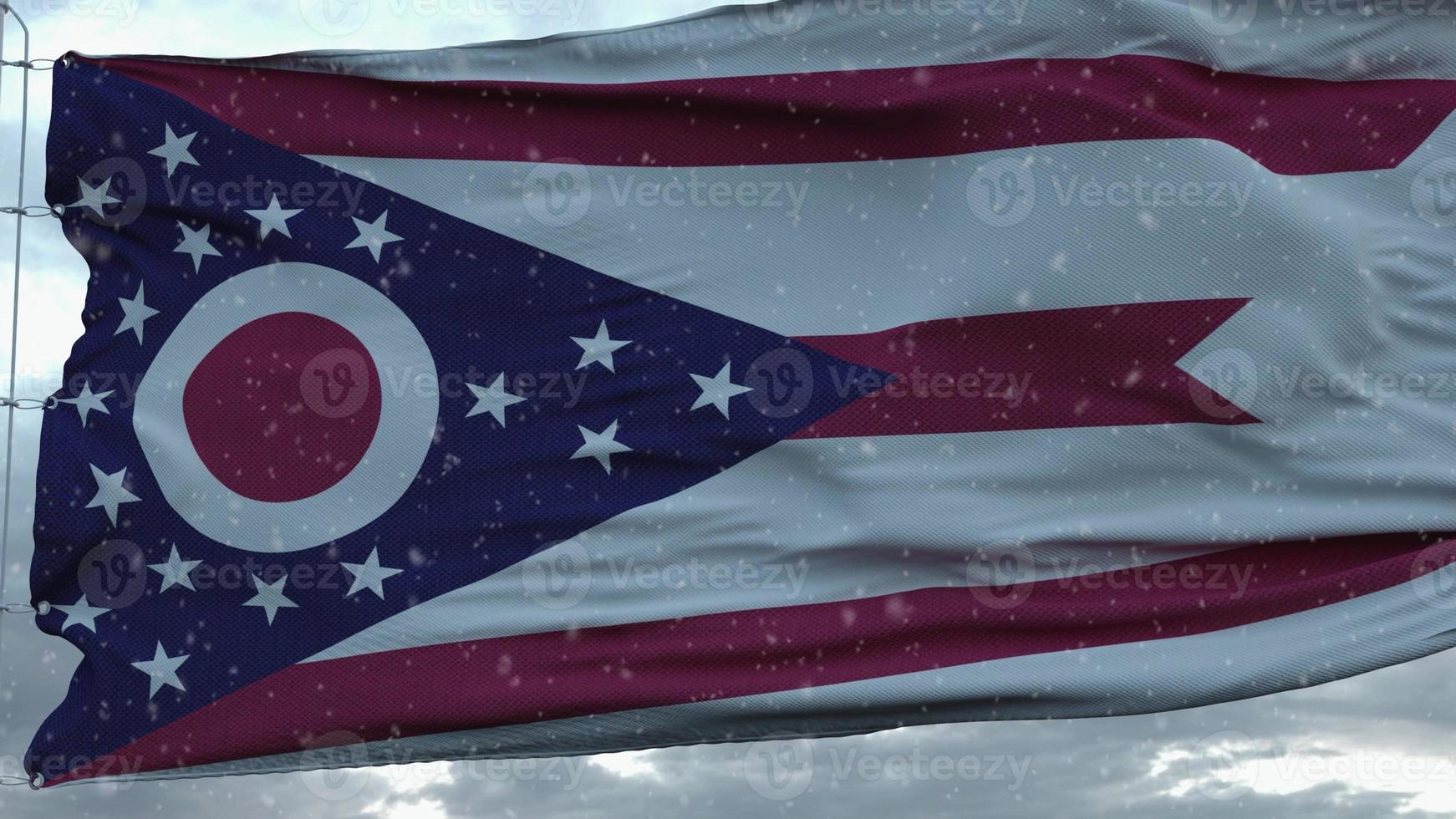 bandiera invernale dell'Ohio con sfondo di fiocchi di neve. Stati Uniti d'America. rendering 3D foto