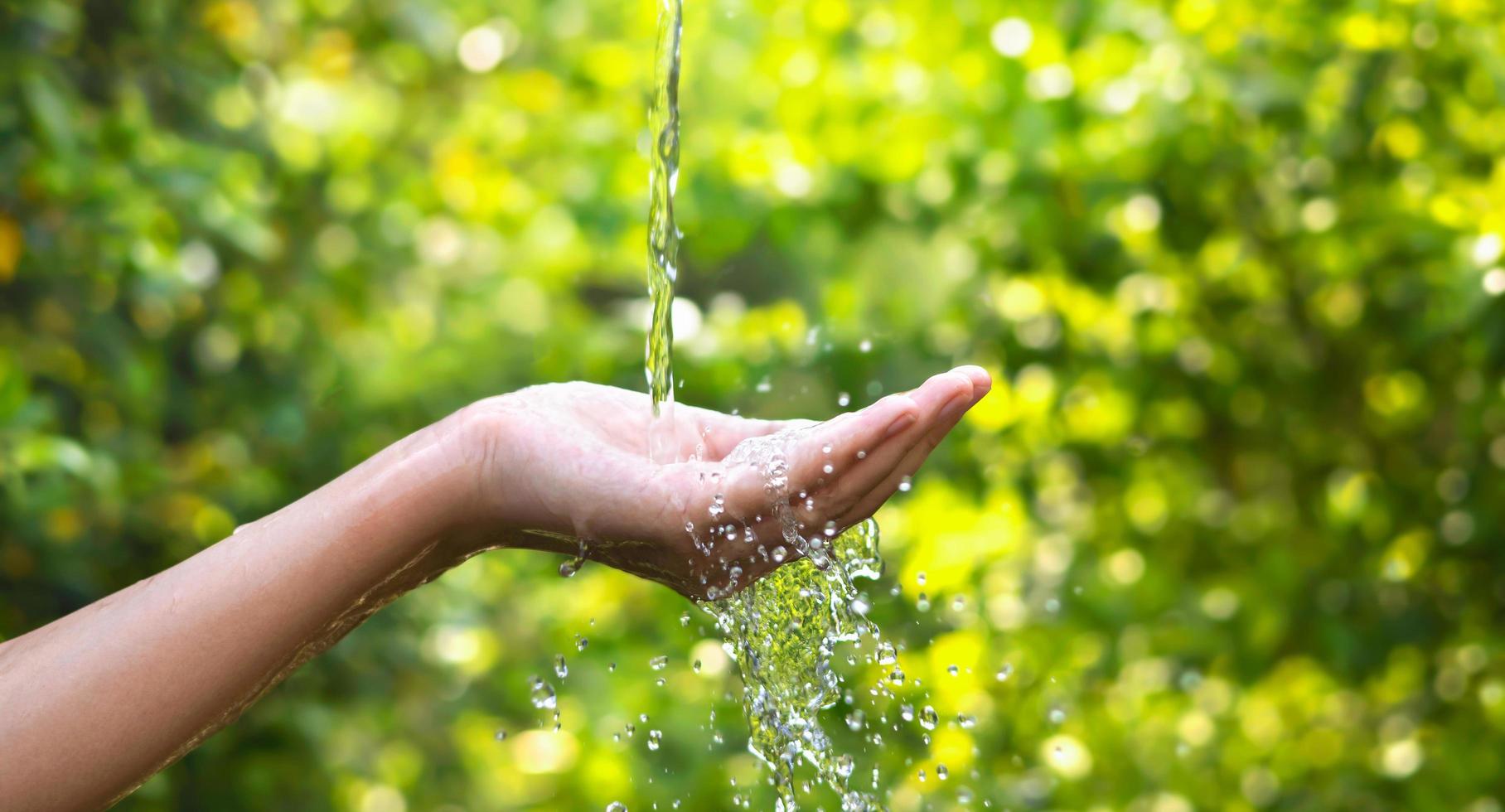 versando acqua a portata di mano sullo sfondo della luce del mattino foto