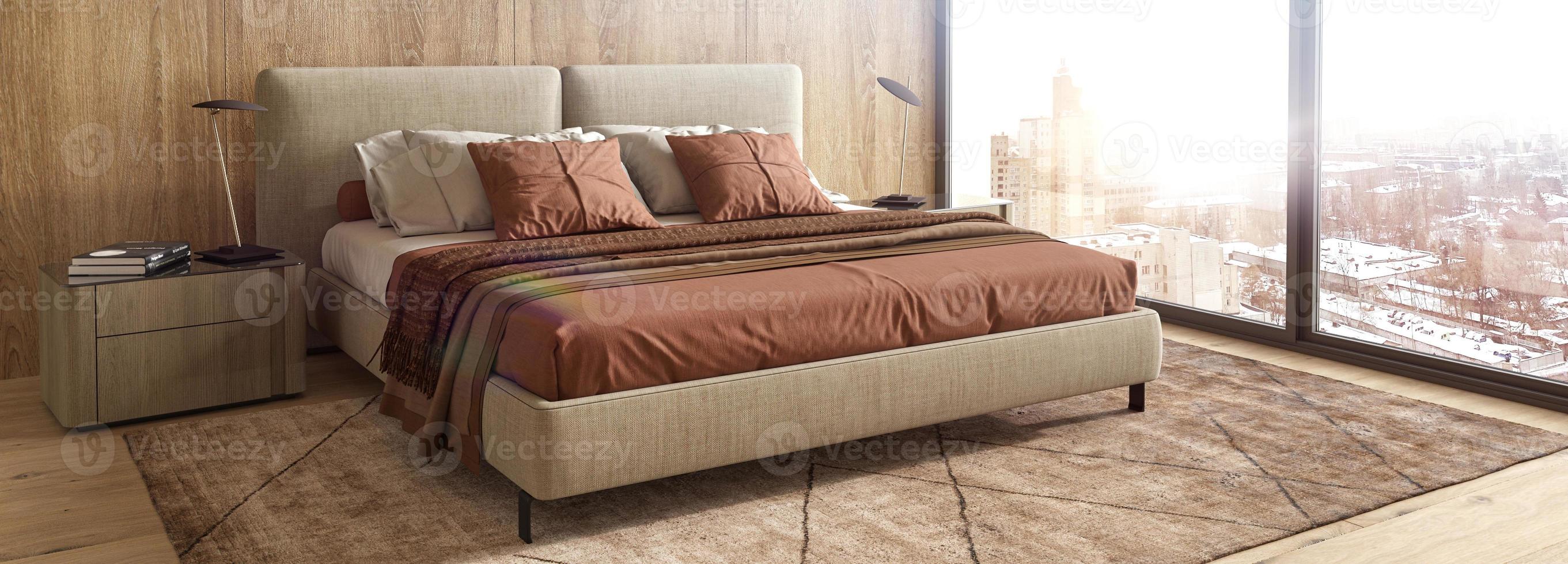 Design moderno degli interni della camera da letto in stile scandinavo e giapponese con letto color terracotta, pannelli in legno su pareti e pavimento. illustrazione di rendering 3d. foto