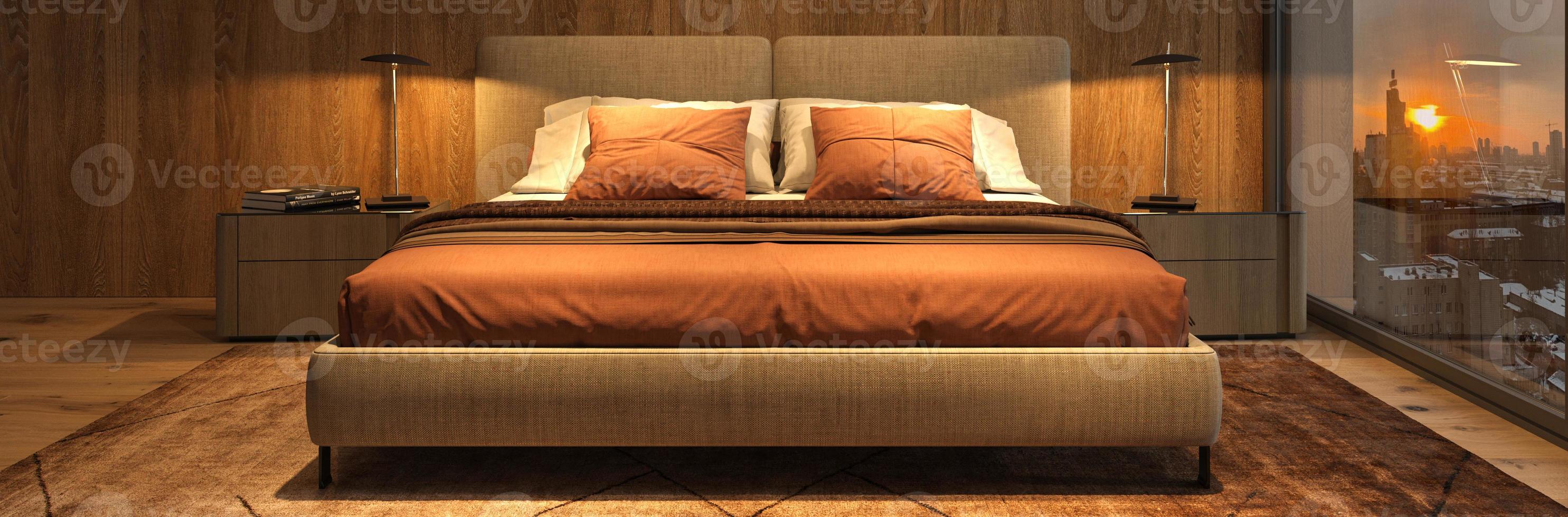 interni belli di lusso moderni con finestre panoramiche e vista invernale. camera da letto di design con illuminazione notturna e tramonto. illustrazione di rendering 3d. foto