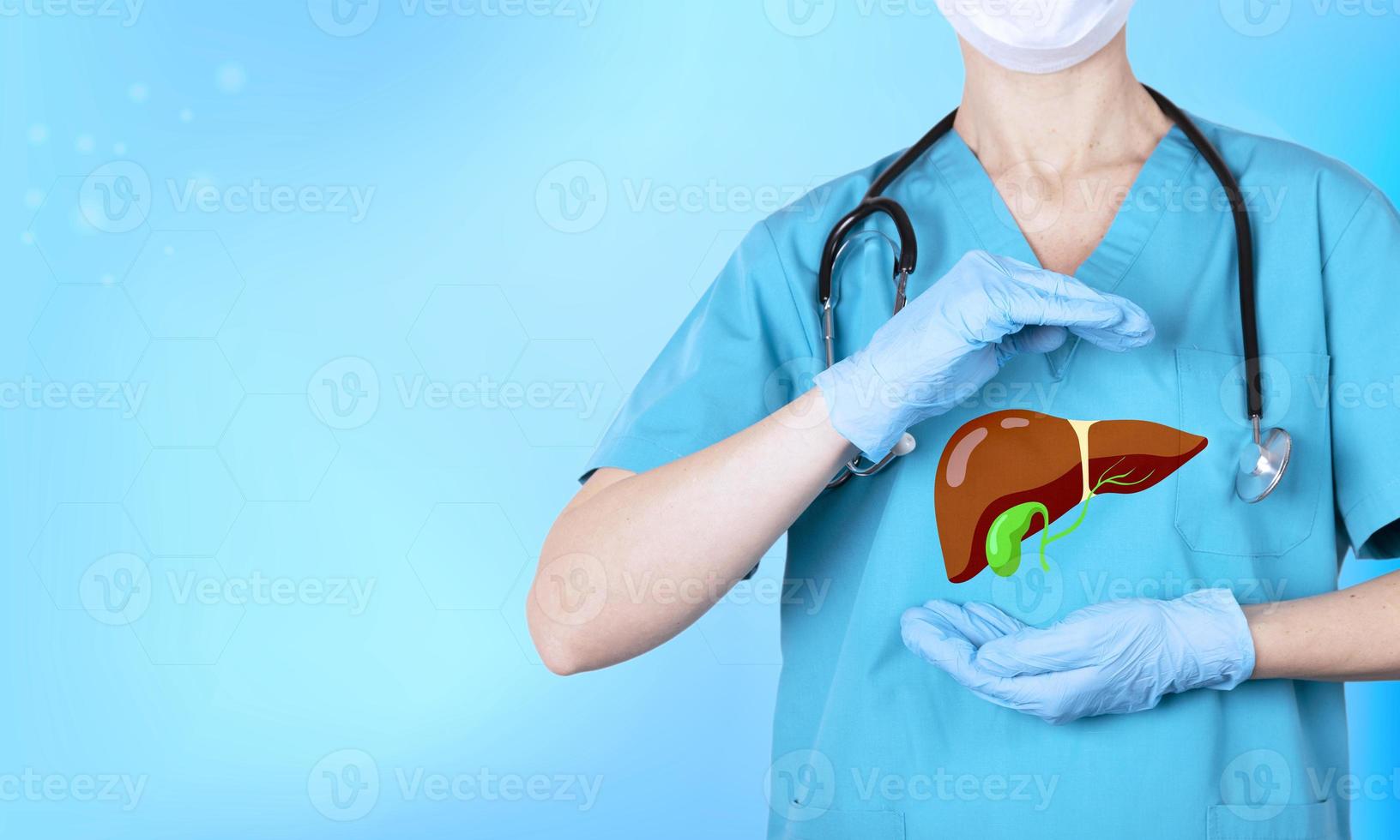 un medico con uno stetoscopio tiene in mano un'icona realistica del fegato umano. il concetto di consapevolezza della prevenzione delle malattie degli organi interni. copia spazio. foto