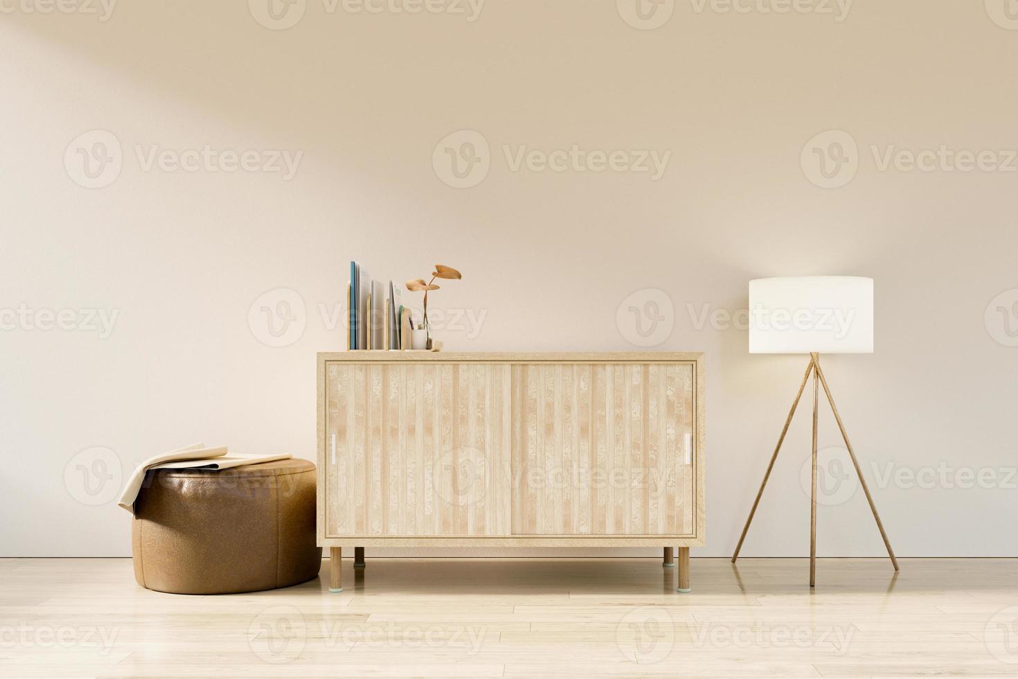 mockup della parete interna del soggiorno in stile minimalista con una console di bambù, pouf marocchino su sfondo bianco caldo vuoto. rendering 3d, illustrazione 3d foto