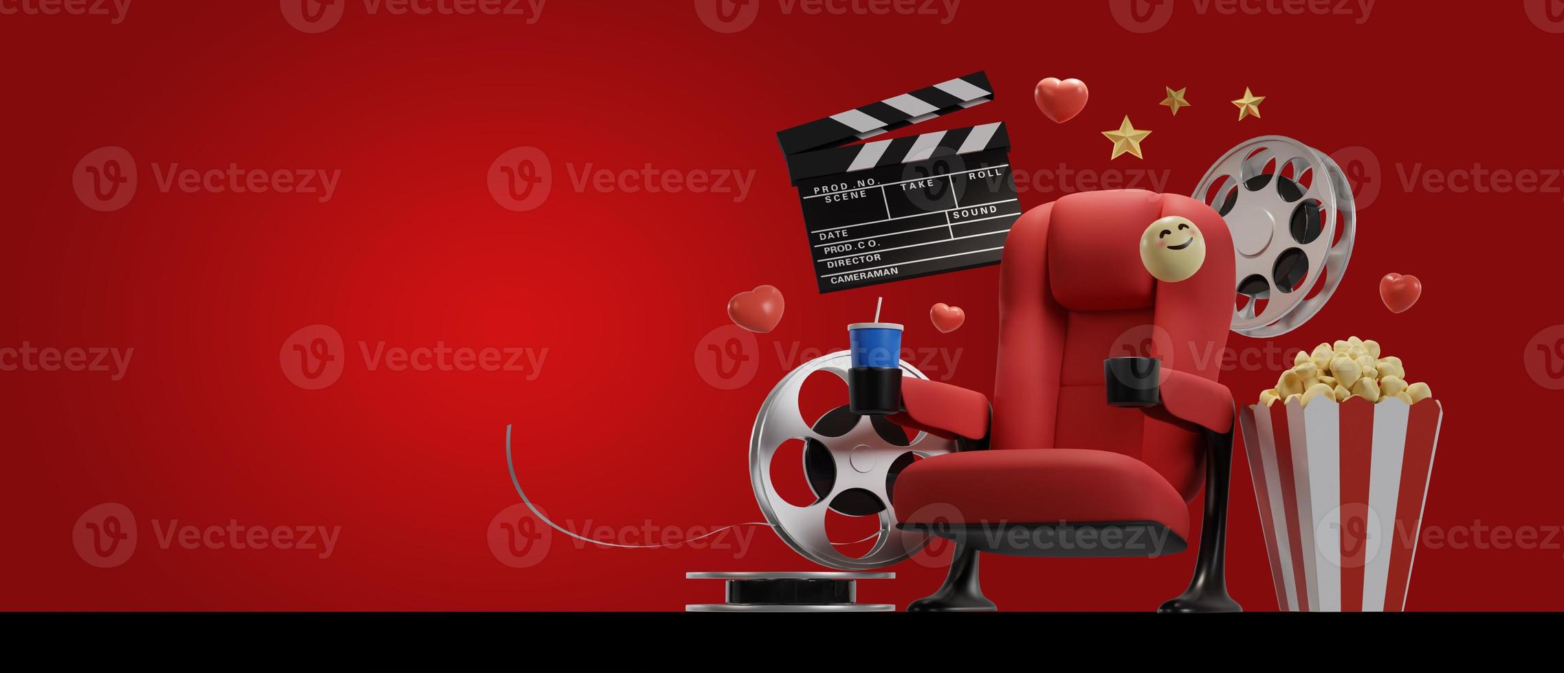 concetto di sfondo del film cinematografico. concetto di film per guardare il sedile del cinema con spazio di copia. rendering 3D foto