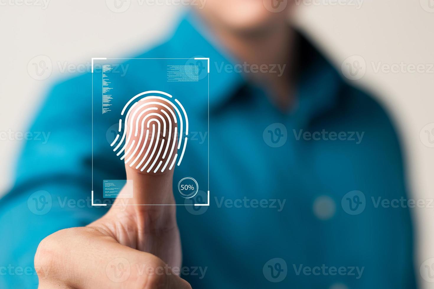 scansione delle impronte digitali dell'uomo d'affari e autenticazione biometrica, sicurezza informatica e password delle impronte digitali, tecnologia futura e cibernetica. foto