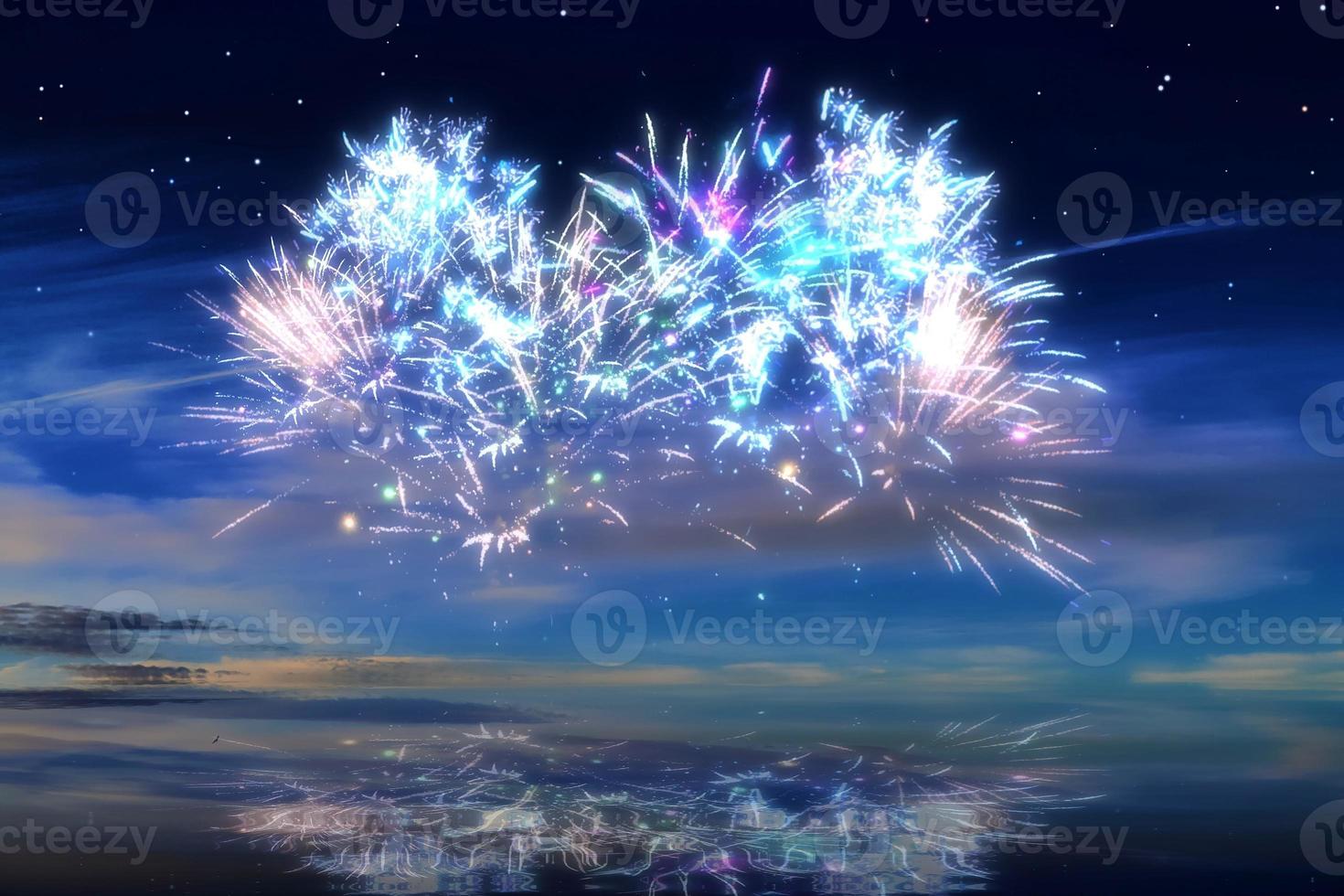 bellissimi fuochi d'artificio di felice anno nuovo nel cielo con riflessi sull'acqua foto