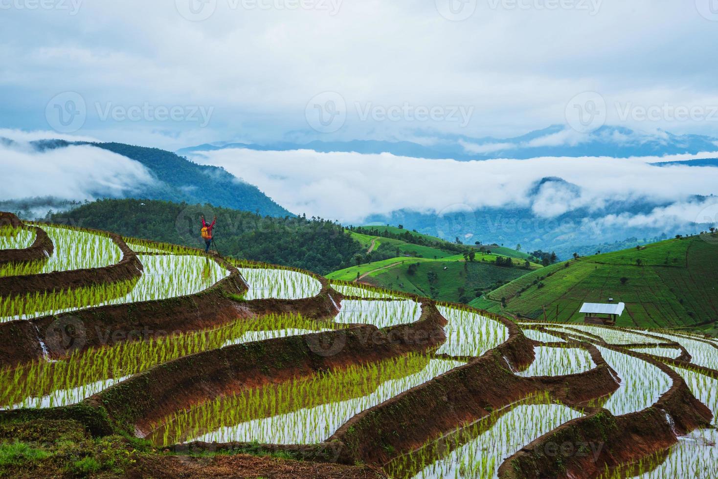 natura di viaggio donna asiatica. viaggiare rilassati. camminando scatta una foto sul campo. in estate.