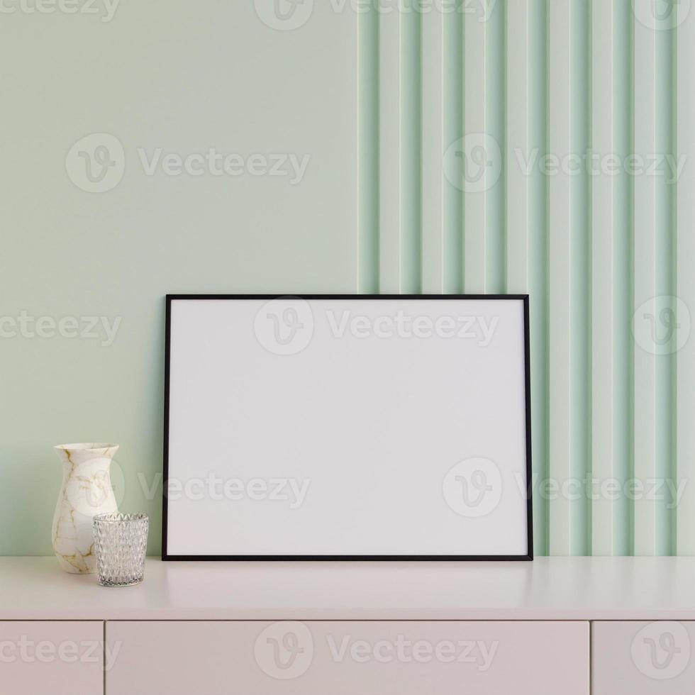 poster nero orizzontale moderno e minimalista o mockup di cornice per foto sul tavolo del soggiorno. rendering 3D.