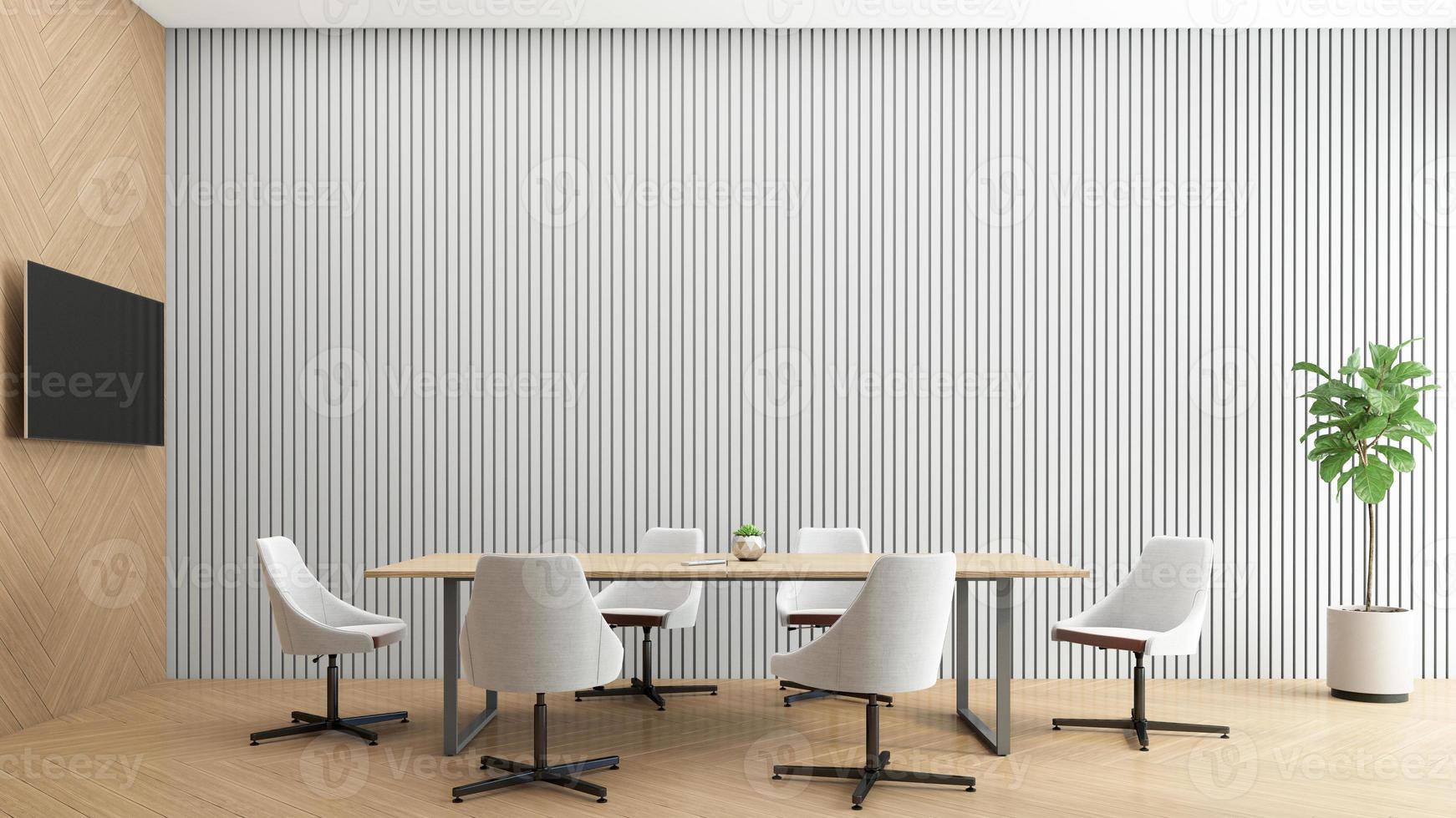 sala riunioni con tavolo da conferenza minimalista, parete grigia e pavimento in legno. rendering 3D foto