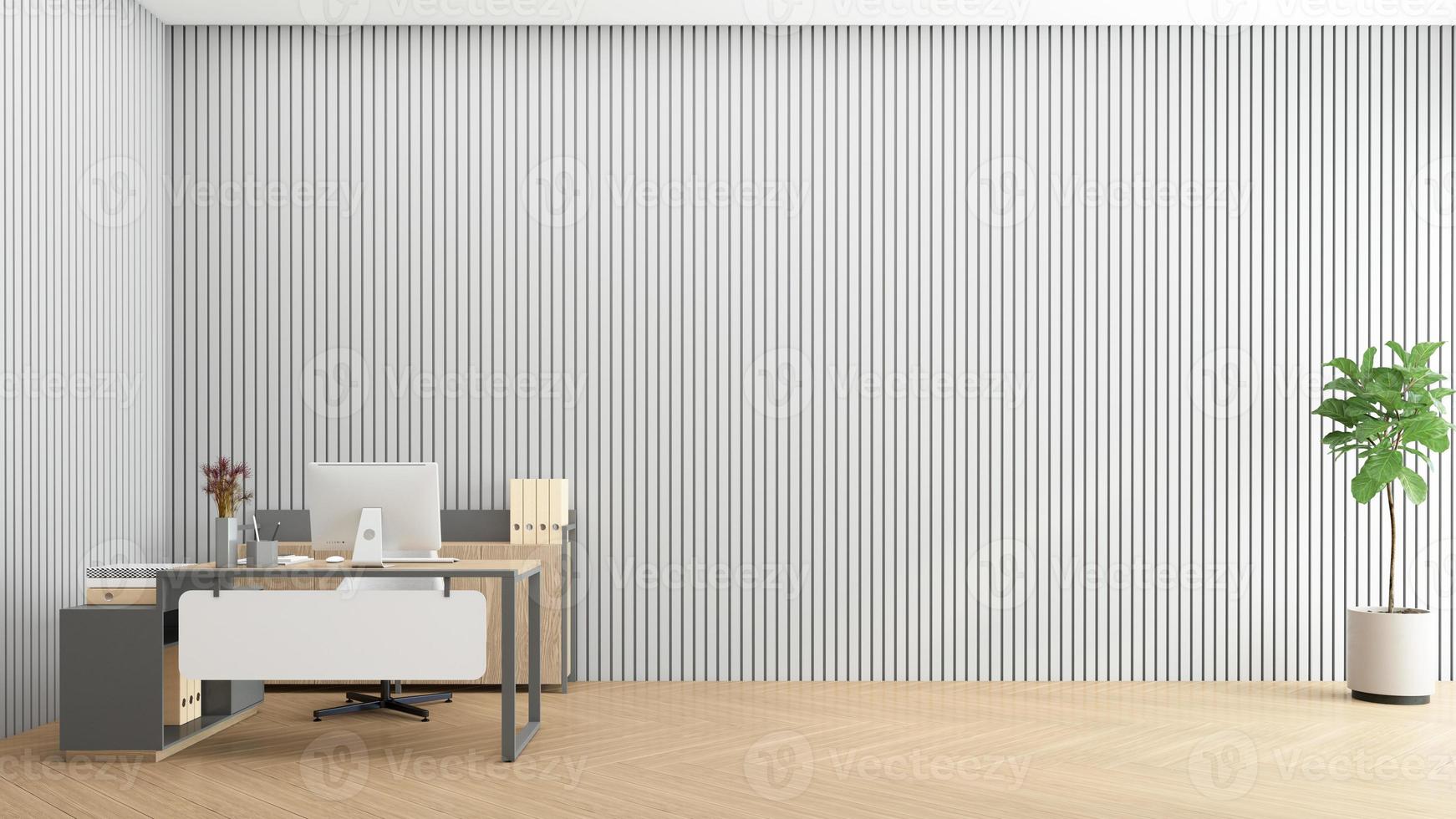 stanza vuota minimalista con scrivania in legno, parete grigia e pavimento in legno. rendering 3D foto