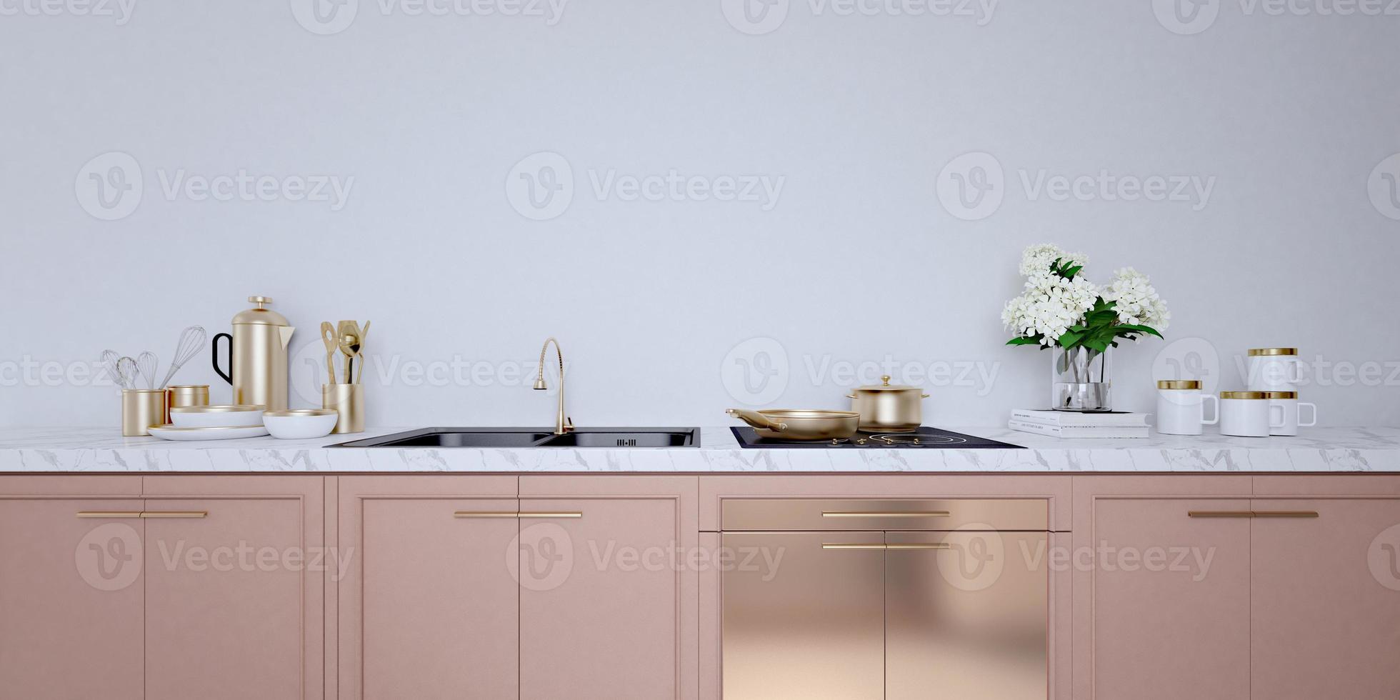 interno della cucina di colore oro rosa con parete bianca, controsoffitti bianchi.un primo piano.rendering 3d mock up foto