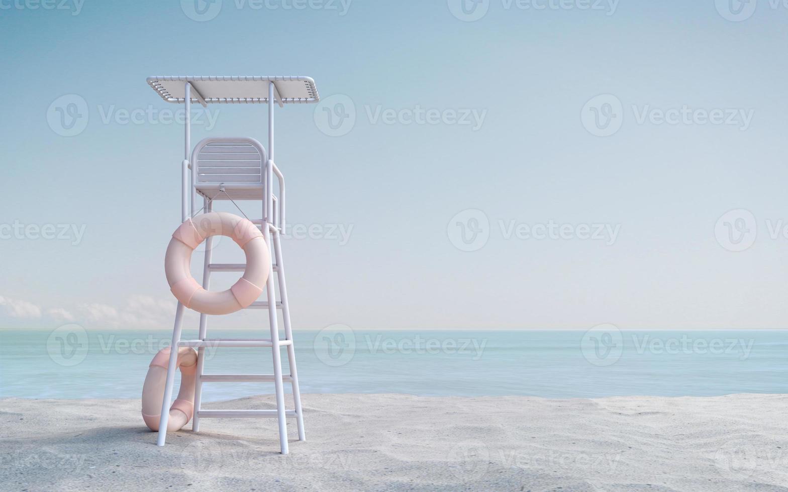 torre del bagnino sulla spiaggia di sabbia bianca con vista sul mare. Rendering 3d foto