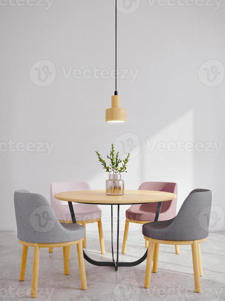 moderna sala da pranzo interno stile minimal sedie, tavolo, vaso di vetro e lampada da soffitto con luce solare su sfondo bianco muro rendering 3d foto