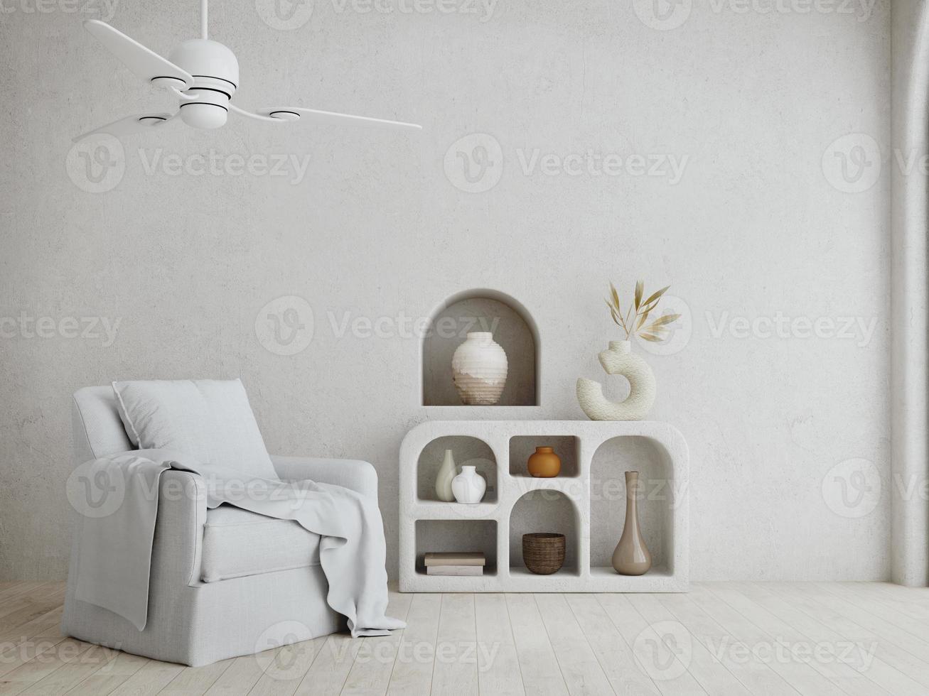 soggiorno.interni in stile mediterraneo.poltrone, tavolo e ventilatore da soffitto.rendering 3d foto