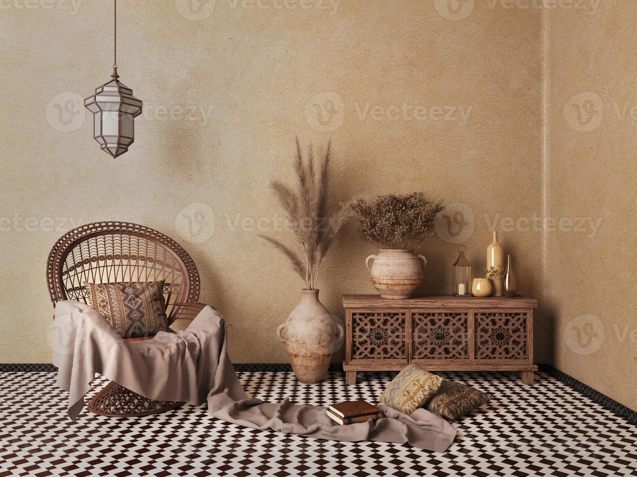 interni in stile arabo e islamico. sedia in rattan, tavolo, lampada, vasi di fiori secchi con parete marrone e piastrelle per pavimento modellate. rendering 3d foto