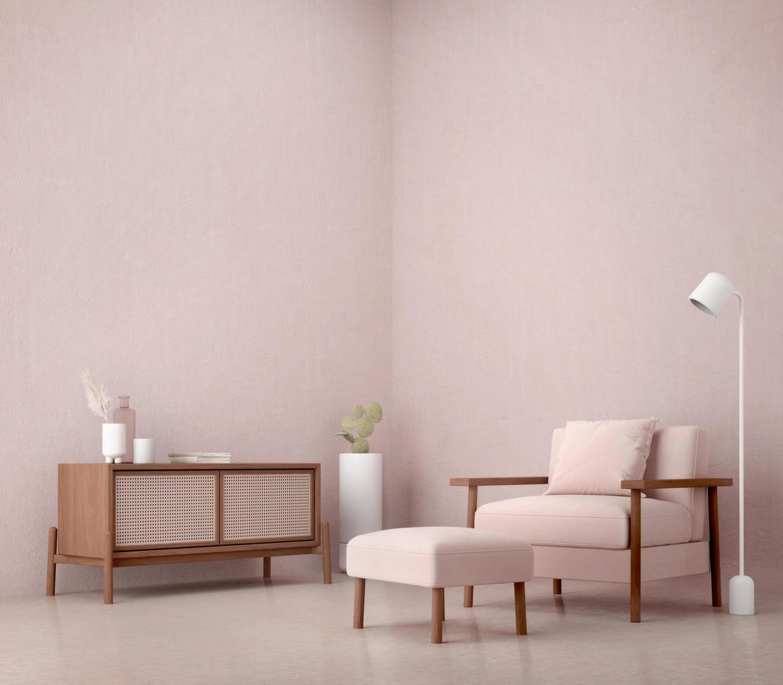 soggiorno rosa con poltrona, sgabello e tv table.3d rendering foto