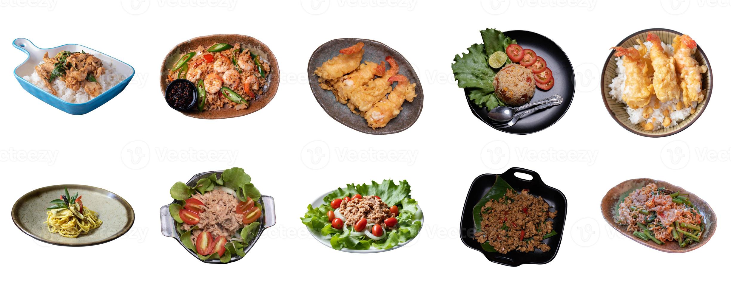 cibo tailandese impostato su sfondo bianco.raccolta di piatti alimentari foto