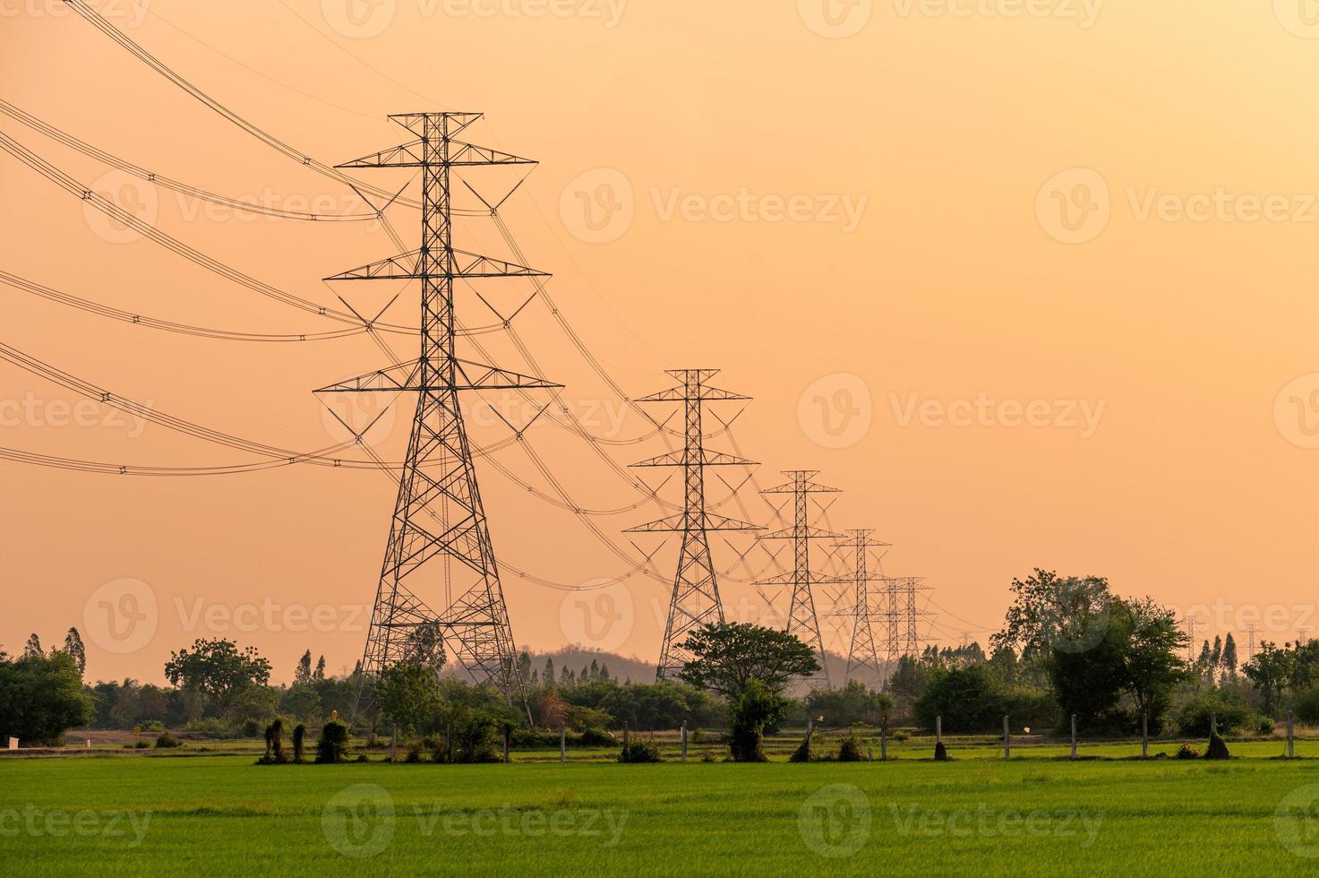 disposizione del polo dell'alta tensione, torre di trasmissione sul campo di riso al tramonto foto