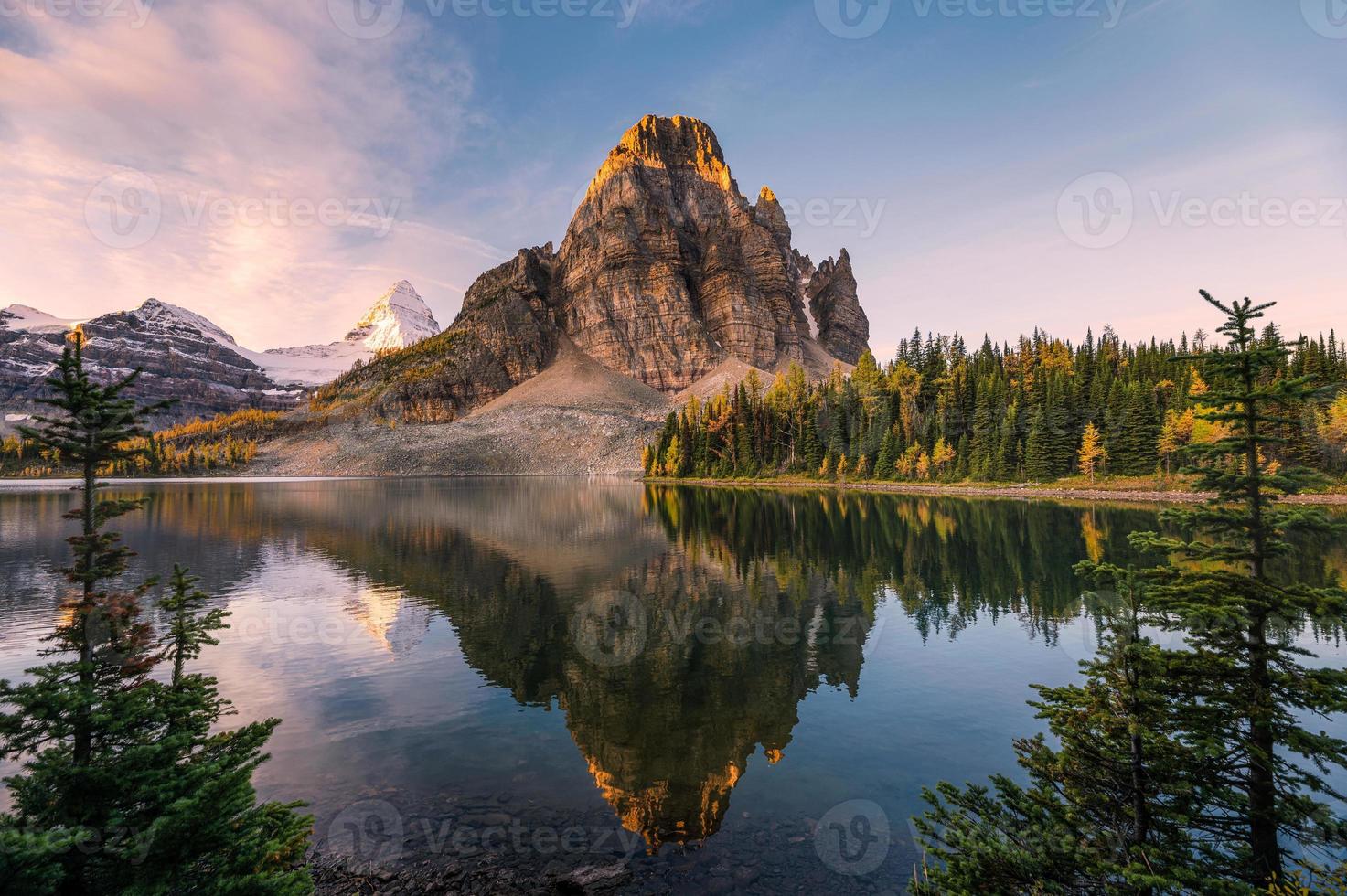 scenario del lago dello sprazzo di sole e dei riflessi del monte assiniboine tra i pini all'alba foto