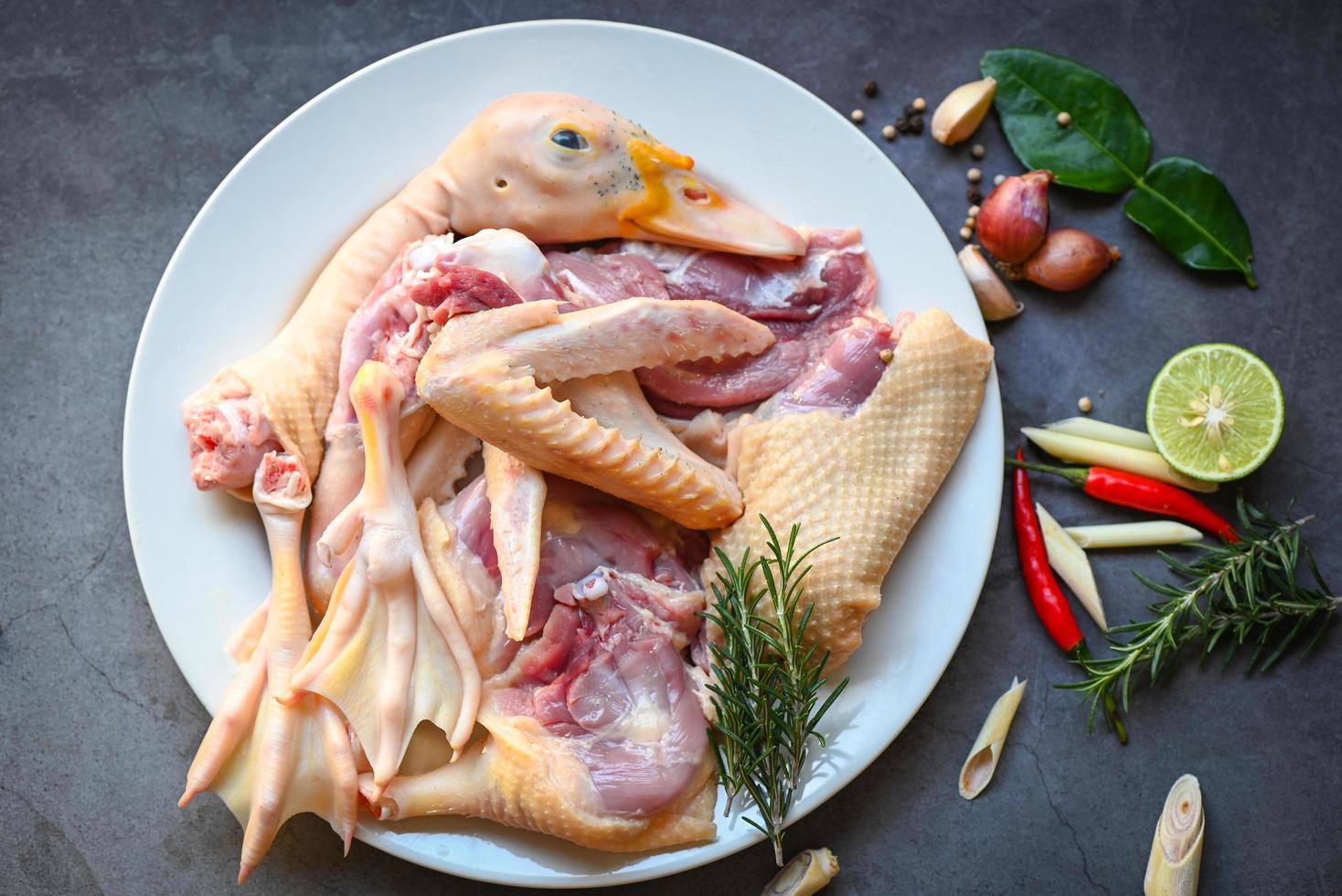 Petto d'anatra crudo gamba piedi ala testa d'anatra con spezie erbe rosmarino da cucinare su piatto bianco, carne d'anatra fresca per cibo, parti di carne di pollame foto