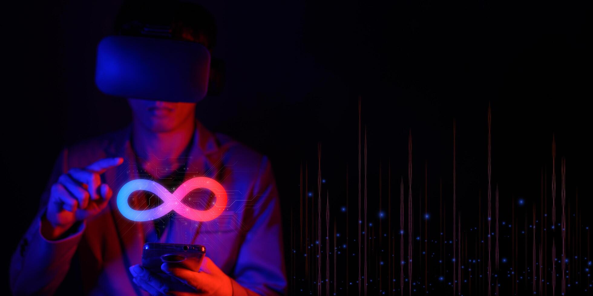 connessione della comunità di simbolo di infinito di realtà virtuale del sistema tecnologico di rete globale del mondo metaverso e elemento del segno del ciclo astratto sulla comunicazione digitale dell'innovazione foto