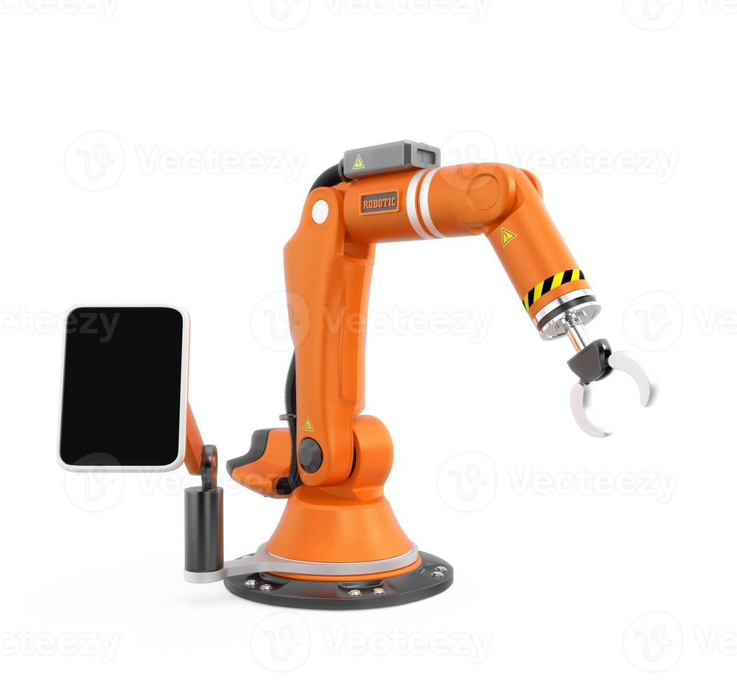braccio robot arancione con monitor touch panel su sfondo bianco foto